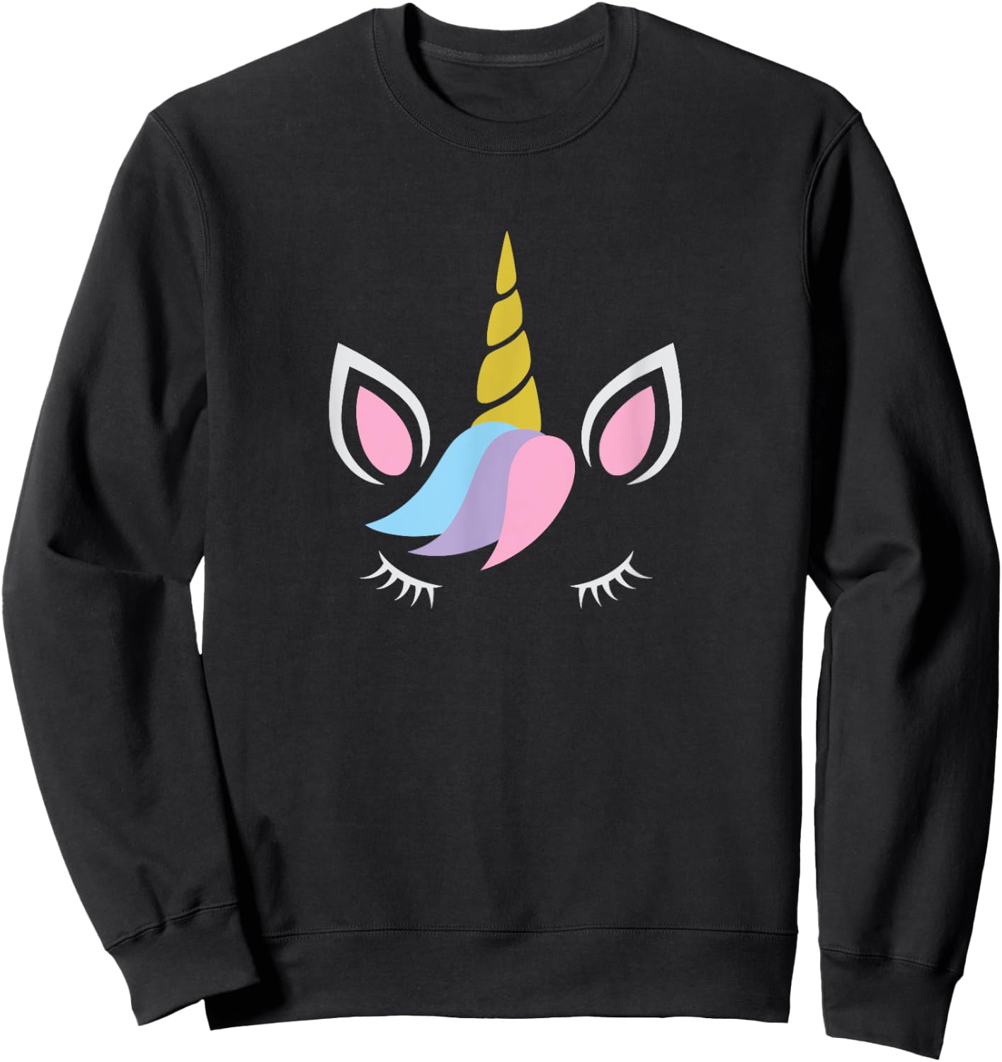 Unicorn Face And Eye Lashes With Colorful Pink Blue Hair Sweatshirt - Sweatshirt | Black