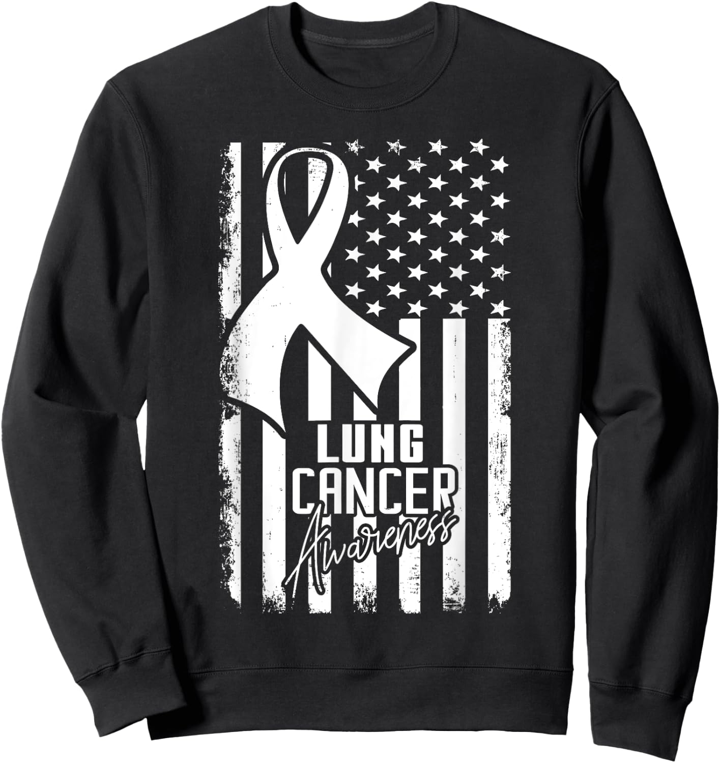 Lung Cancer Awareness American Flag White Ribbon Women Kids Men Sweatshirt - Sweatshirt | Black