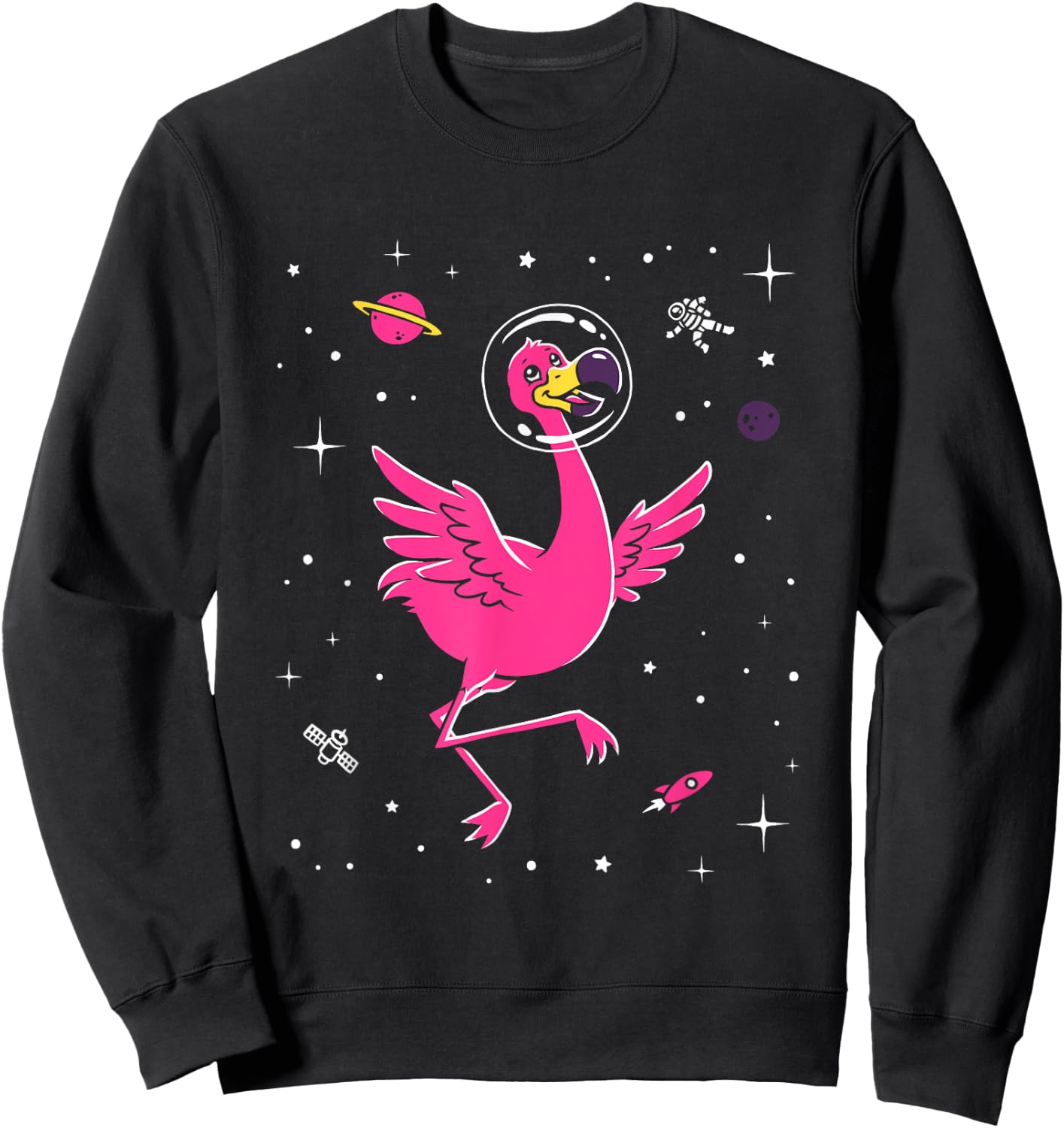 Flamingo In Space - Cute Cartoon Bird Sweatshirt - Sweatshirt | Black