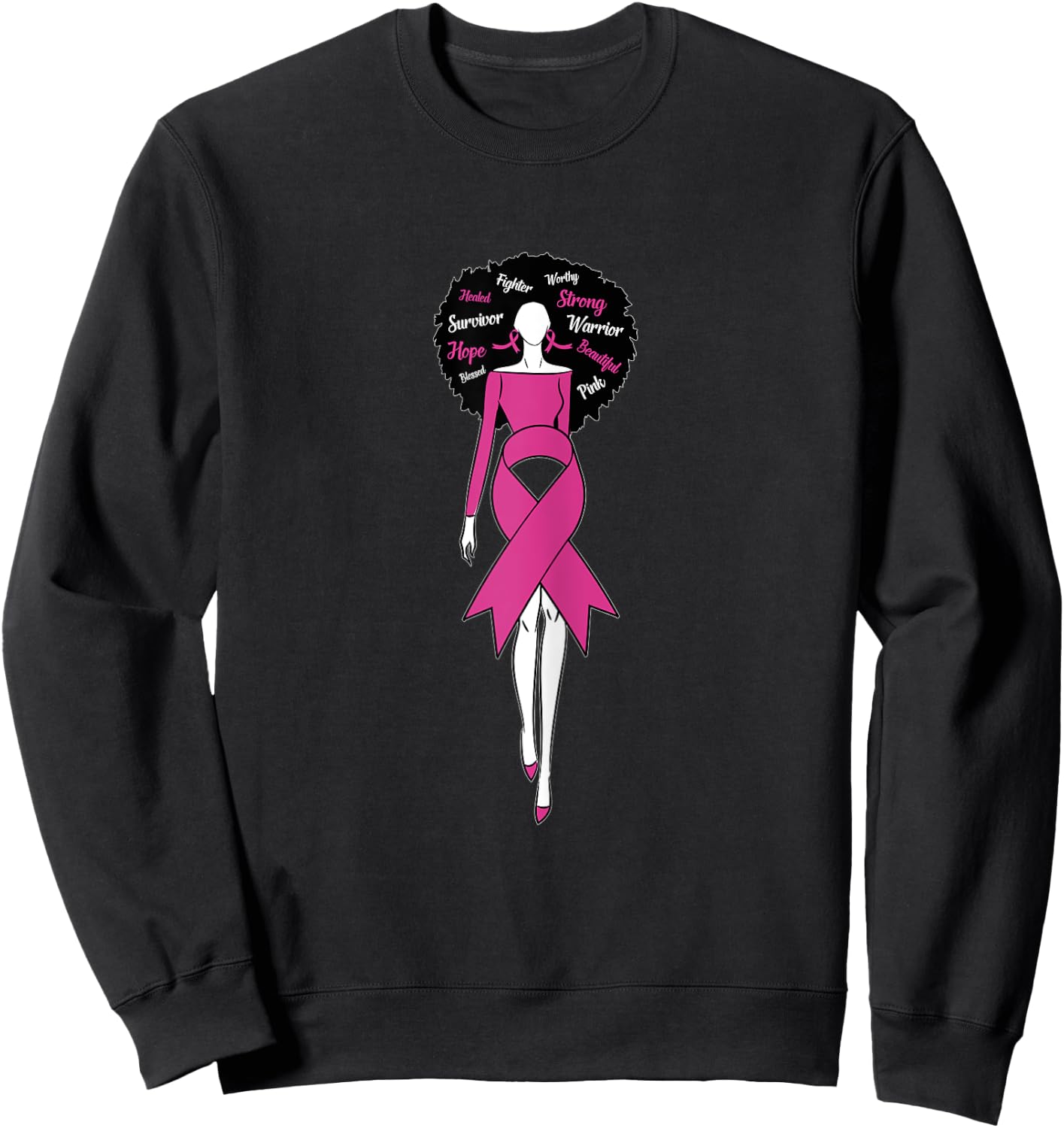 Afro Black Woman Pink Ribbon Dress Breast Cancer Awareness Sweatshirt - Sweatshirt | Black