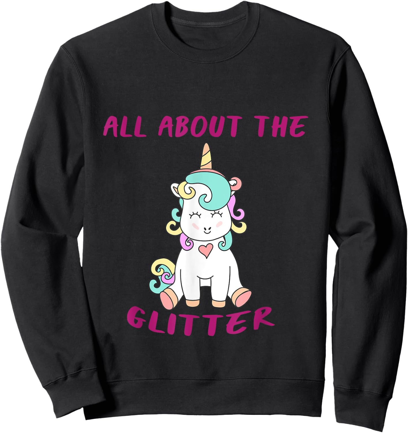 ClownTown All About The Glitter Funny Unicorn Kids Women's -Adults Black Short Sleeve Sweatshirt - Sweatshirt | Black