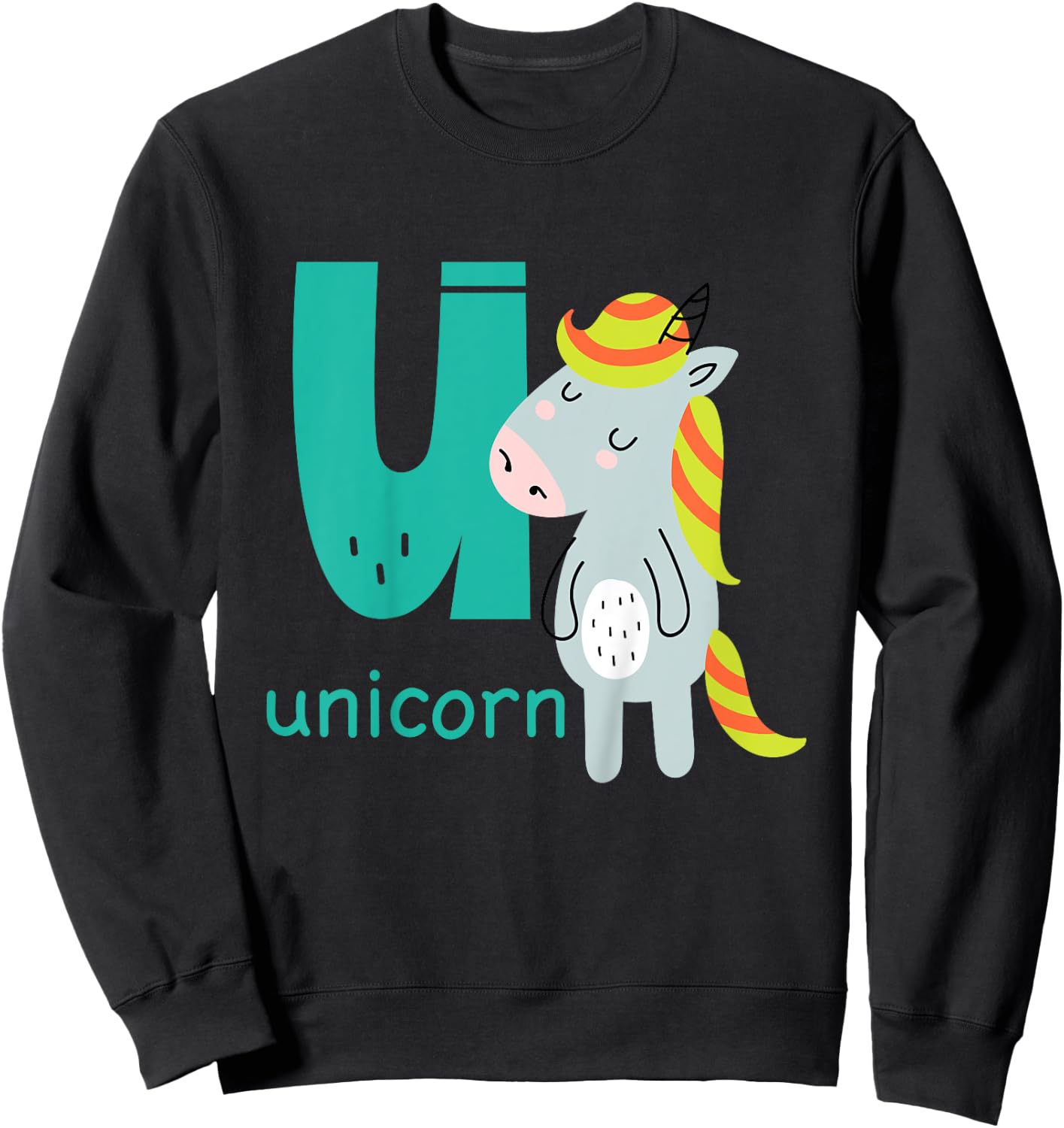 Unicorn Letter U Alphabet Cute Animal Boys Or Girls Sweatshirt - Sweatshirt | Black