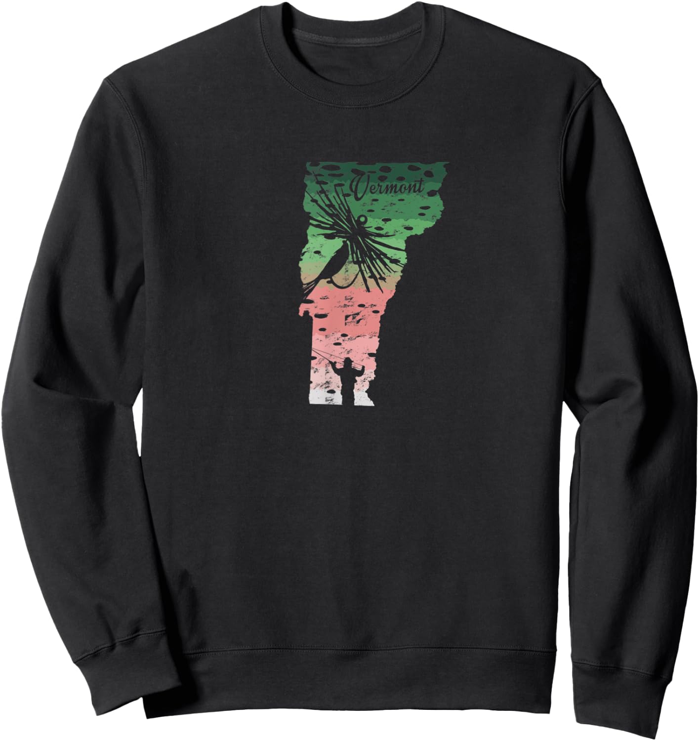 Vintage Big Fly Rainbow Trout Vermont Map Fly Fishing Sweatshirt - Sweatshirt | Black