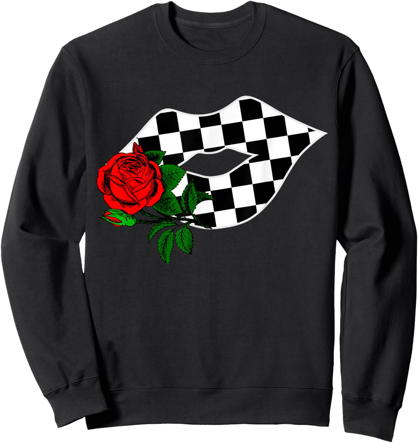 Checkered Lips Kiss With Red Rose Flower Racing Sweatshirt - Sweatshirt | Black