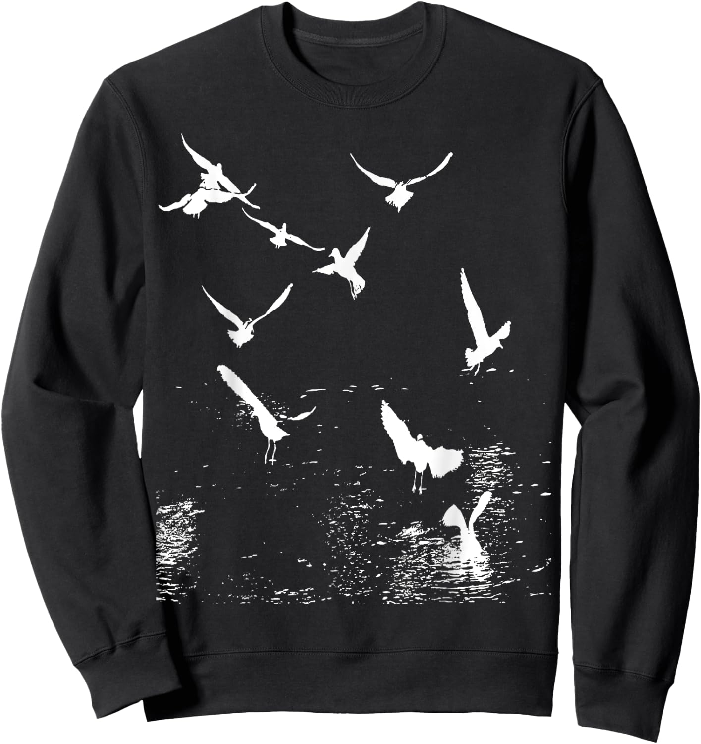 White Silhouette Of A Flock Of Seagulls Over Water Sweatshirt - Sweatshirt | Black