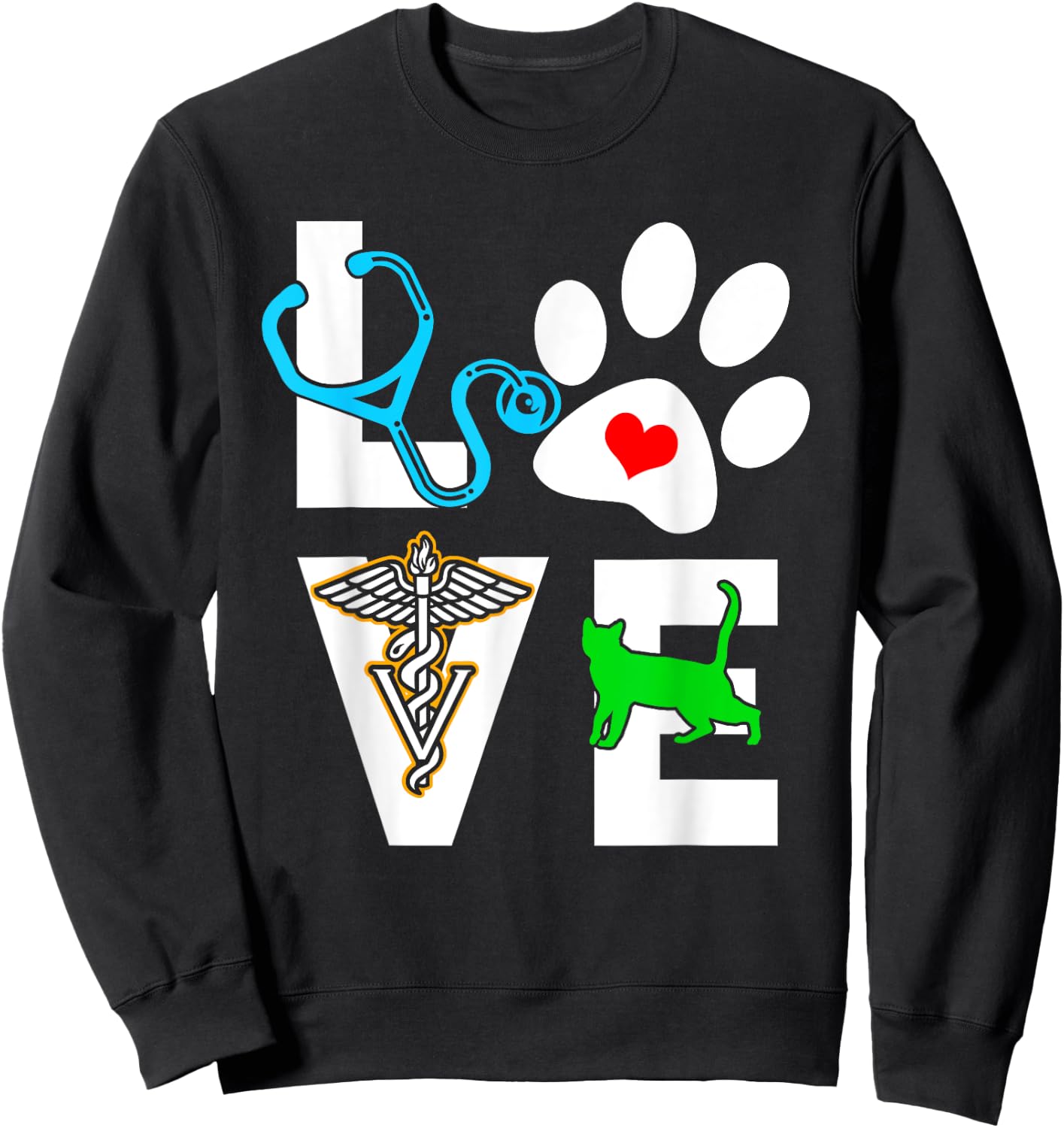Love With Paw Print Stethoscope Veterinary Medicine Sweatshirt - Sweatshirt | Black
