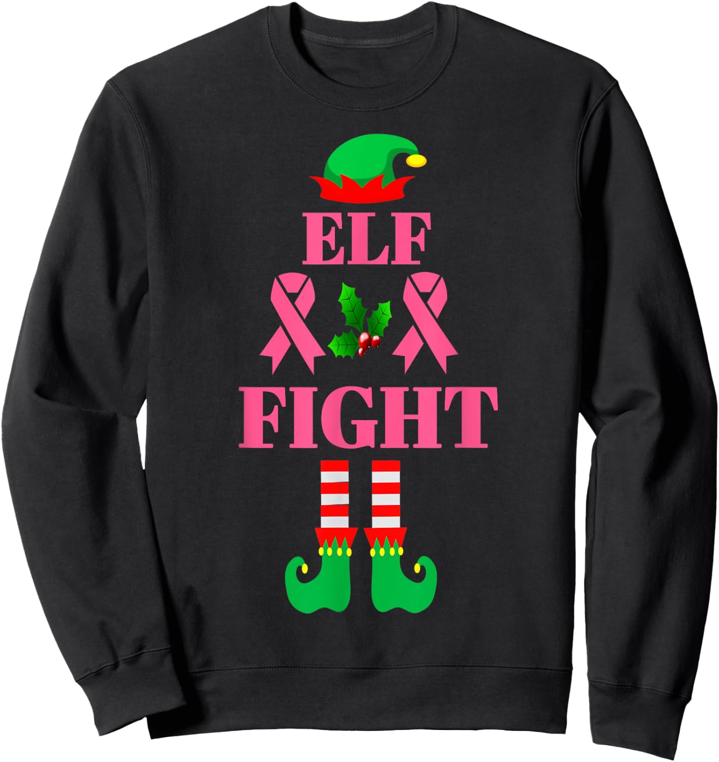 Fight Breast Cancer Elf Matching Family Group Christmas Sweatshirt - Sweatshirt | Black