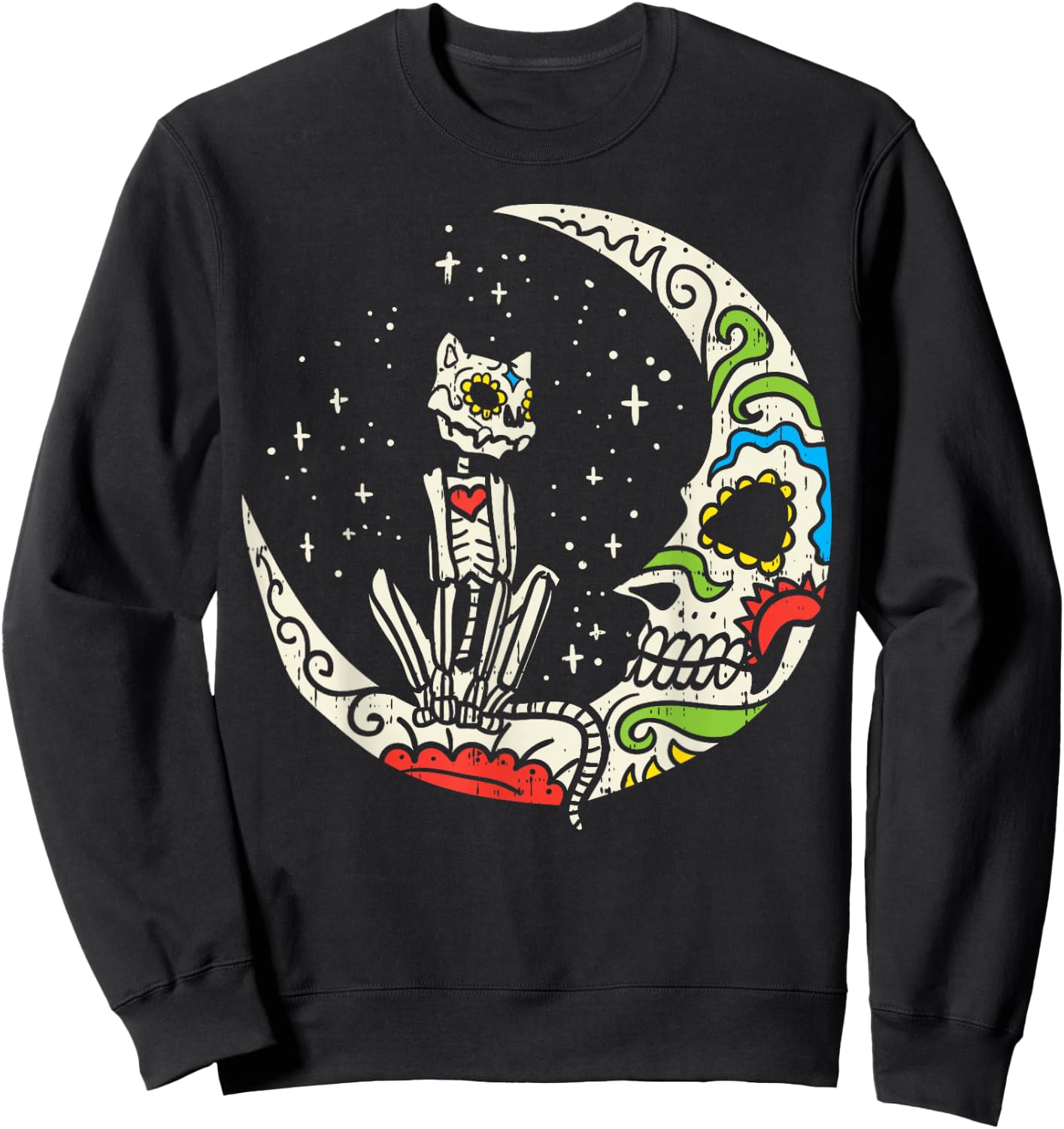 Sugar Skull Cat Moon Dia De Los Muertos Halloween Costume Sweatshirt - Sweatshirt | Black