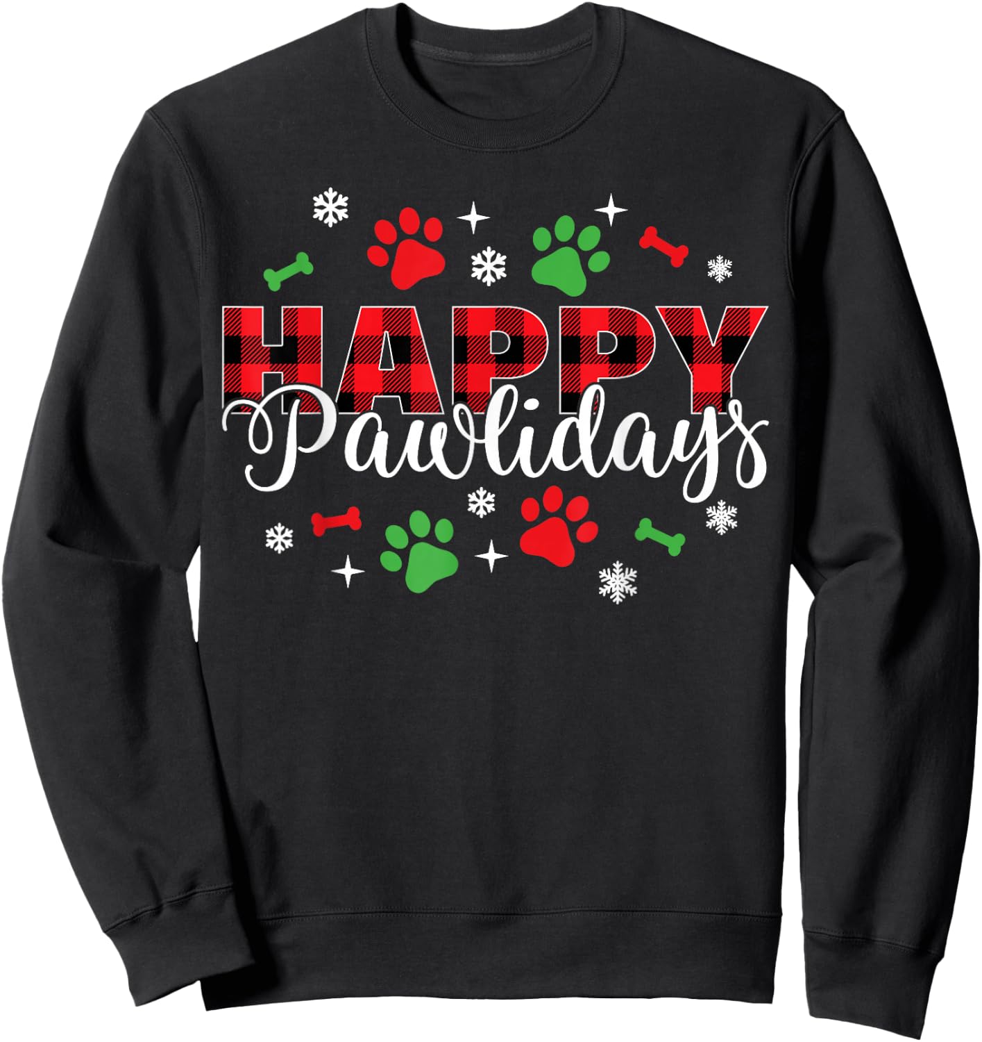 Happy Pawlidays Buffalo Plaid Dog Paws Christmas Holiday Sweatshirt - Sweatshirt | Black
