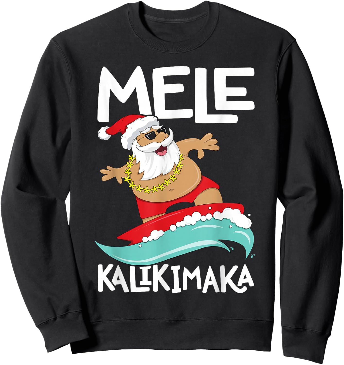 Mele Kalikimaka Hawaiian Christmas Hawaii Surfing Santa Short Sleeve Black Sweatshirt - Sweatshirt | Black