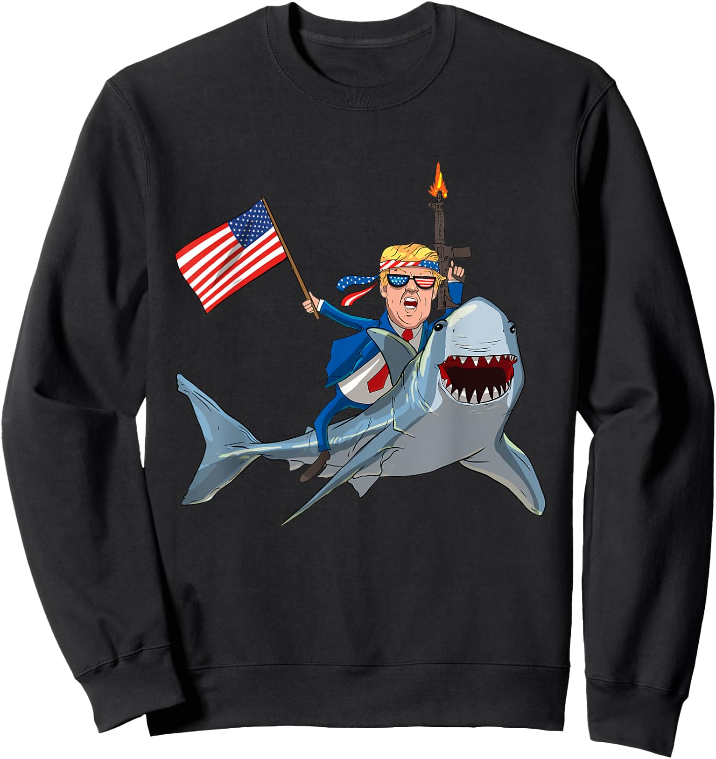 Trump Riding Shark Patriotic USA Supporter Men Sweatshirt - Sweatshirt | Black