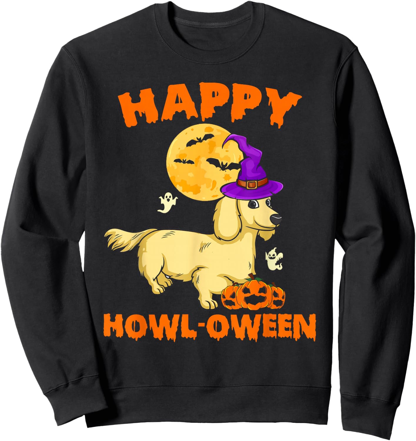 Cream Dachshund Witch Costume Dog Lover Happy Halloween Men Women Sweatshirt - Sweatshirt | Black
