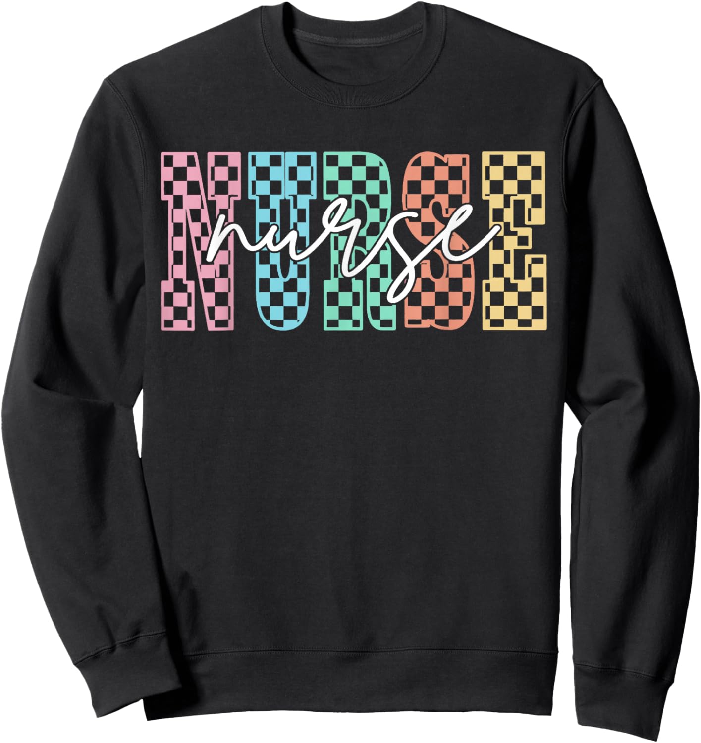 Retro Nurse Checkered Varsity Nurse Appreciation Nursing Sweatshirt - Sweatshirt | Black