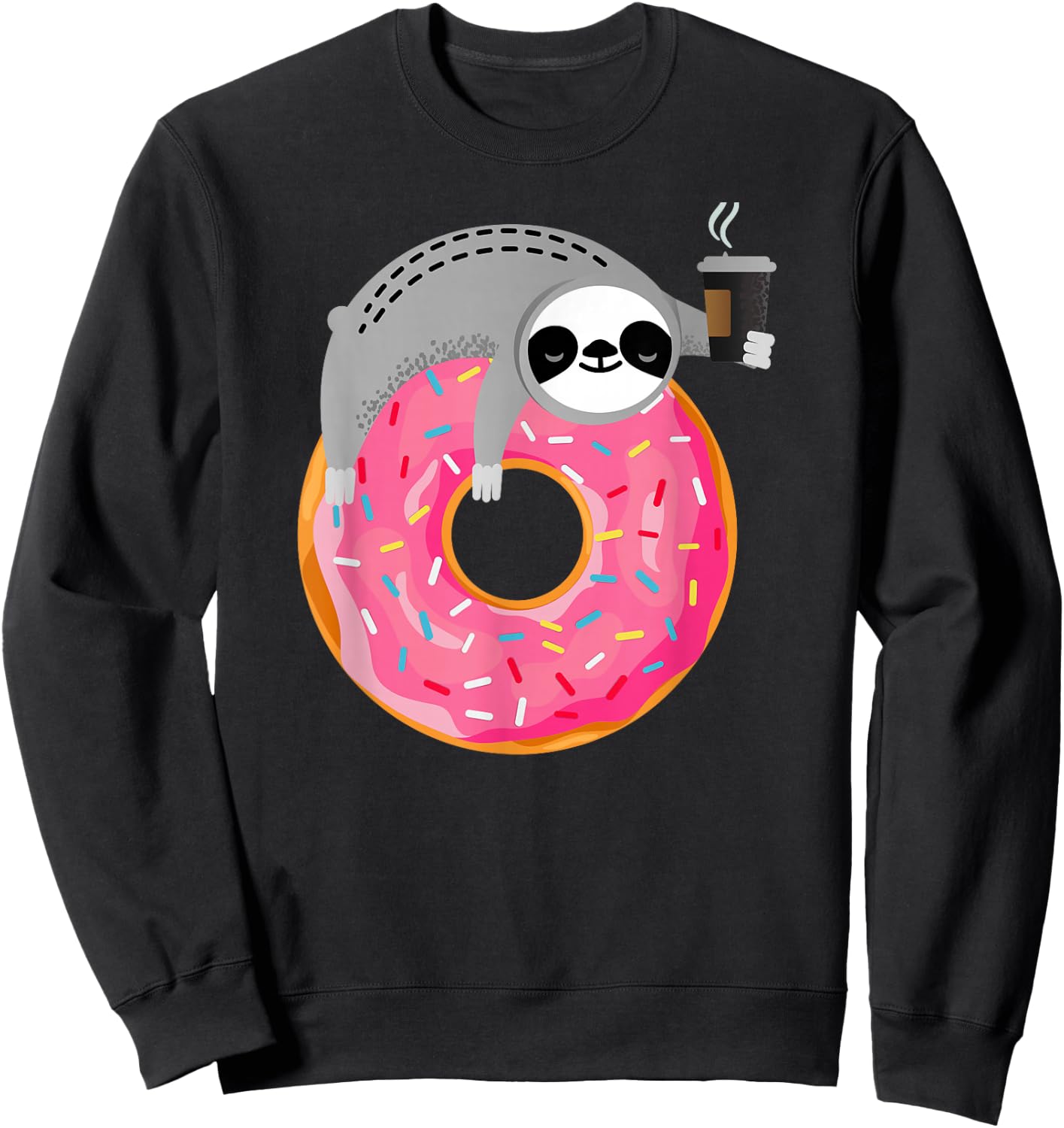 Sloth On Donut With Cup Of Steaming Coffee Sweatshirt - Sweatshirt | Black