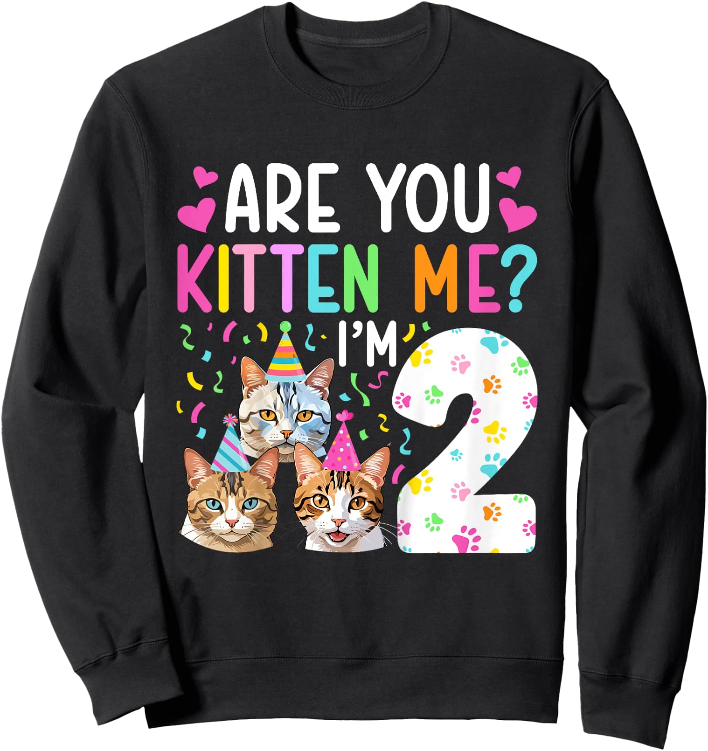 Kids 2nd Cat Birthday Party 2 Year Old Girl Kitten Birthday Sweatshirt - Sweatshirt | Black