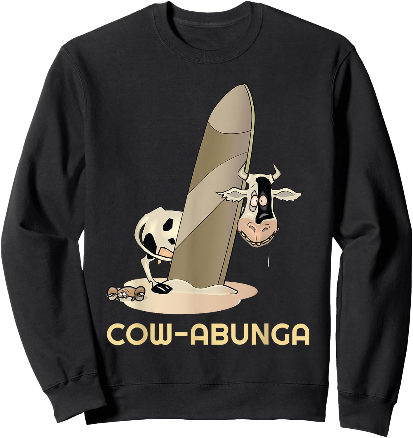 Funny Cow Shirt Cow-abunga surfing cow on beach surfboard Men Women Kids Sweatshirt - Sweatshirt | Black
