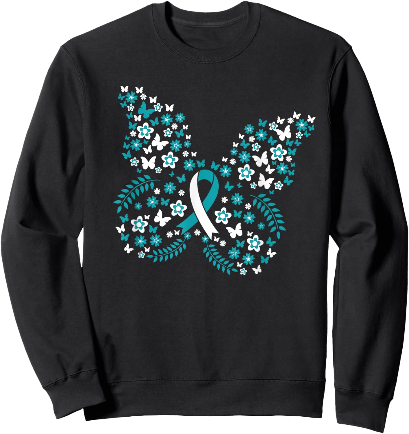 Flower Butterfly Cervical Cancer Awareness Ribbon Gifts Sweatshirt - Sweatshirt | Black