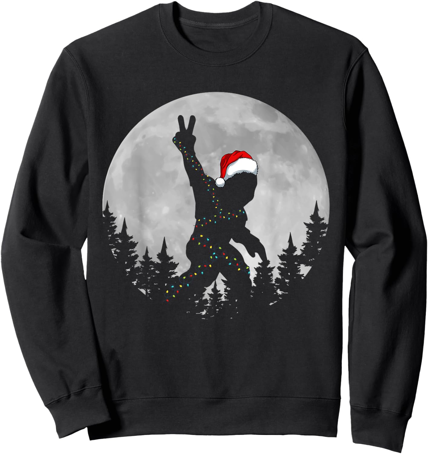 Bigfoot Santa Christmas Tree Lights Funny Xmas Sasquatch Sweatshirt - Sweatshirt | Black