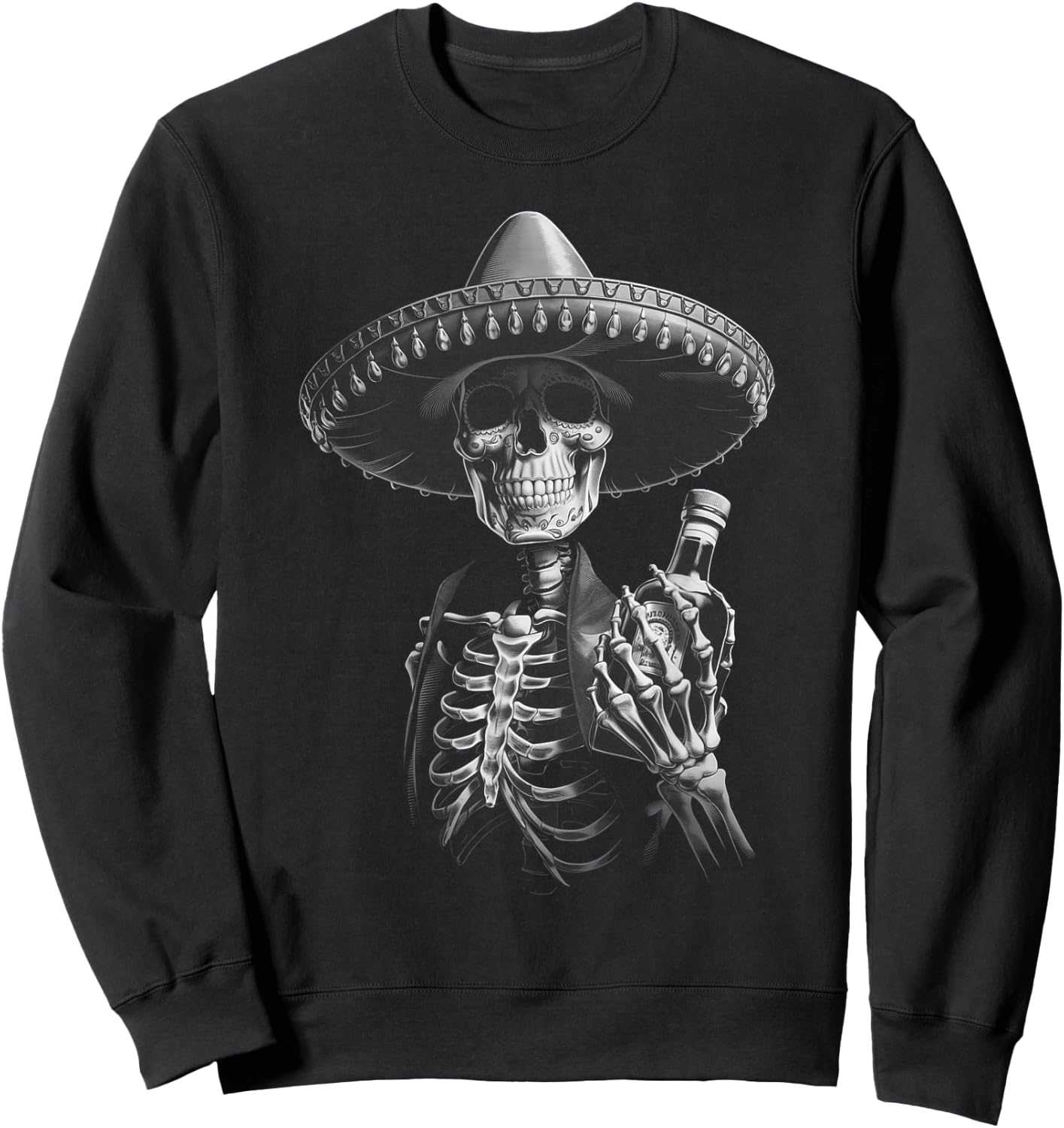 Vintage Mariachi Skeleton Charro Mexican Tequila Party Sweatshirt - Sweatshirt | Black