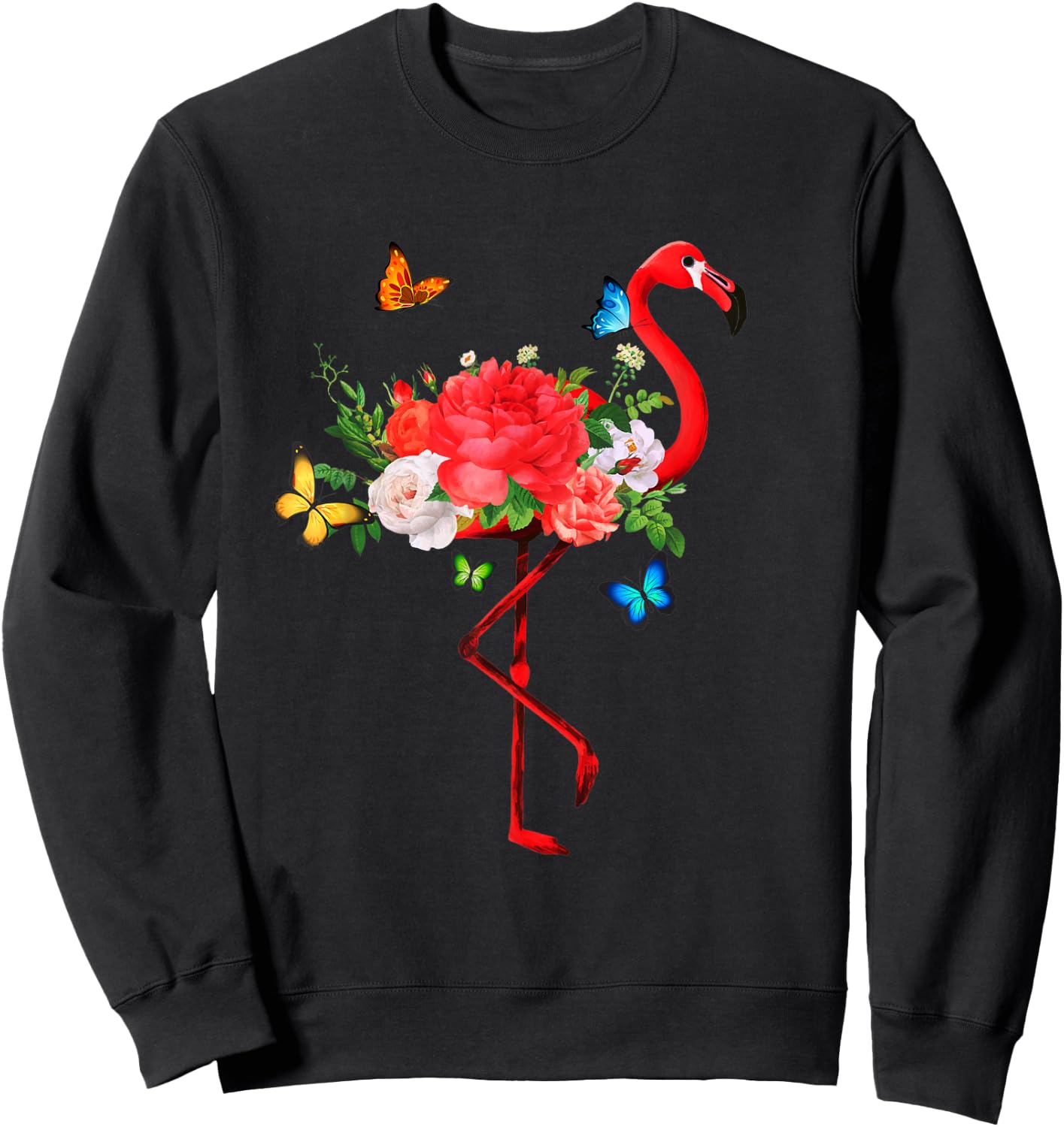 Flamingo Flowers Butterflies Summer Flamingos Sweatshirt - Sweatshirt | Black