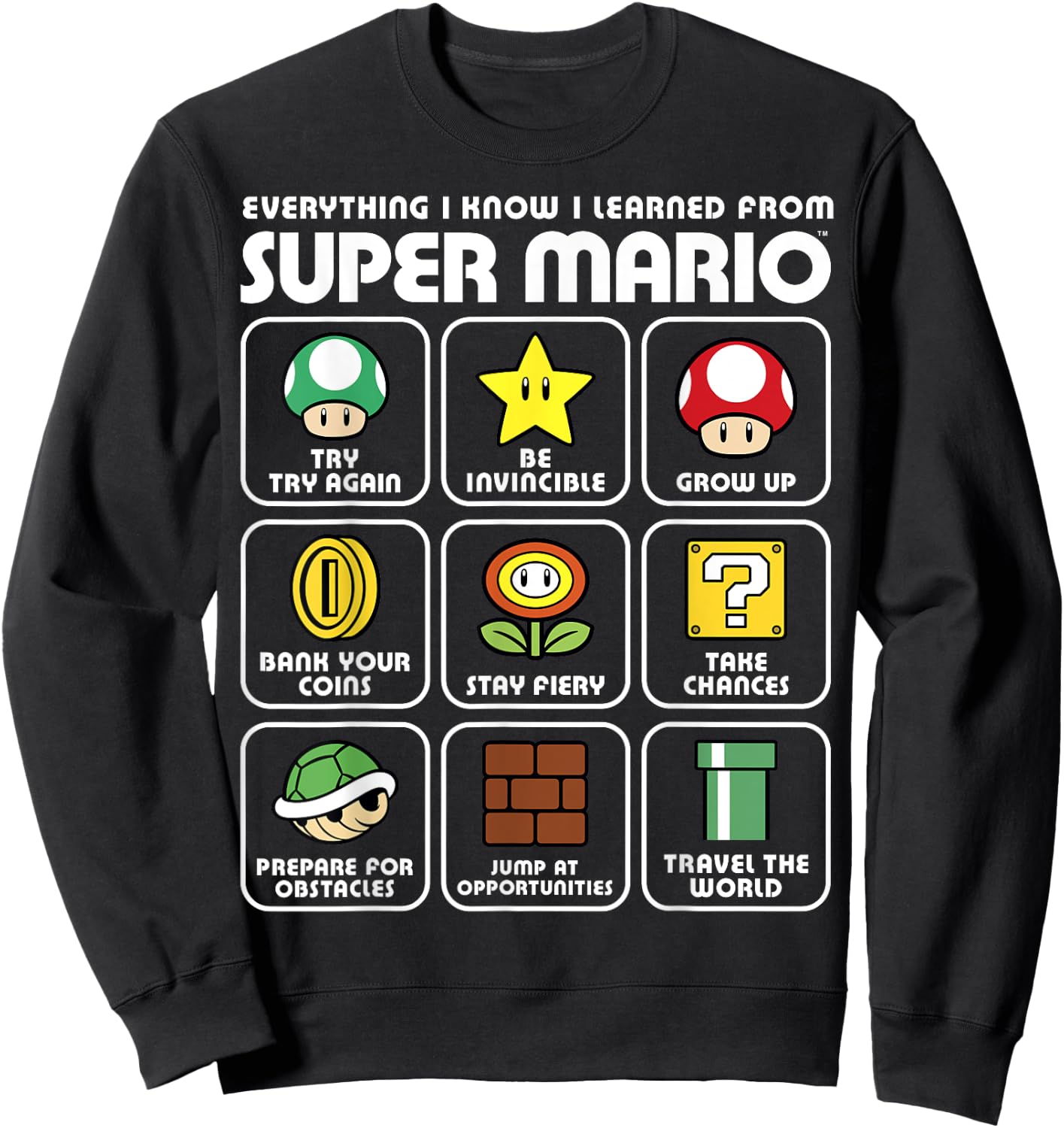 Nintendo Super Mario Life Lessons Icons Graphic Sweatshirt - Sweatshirt | Black