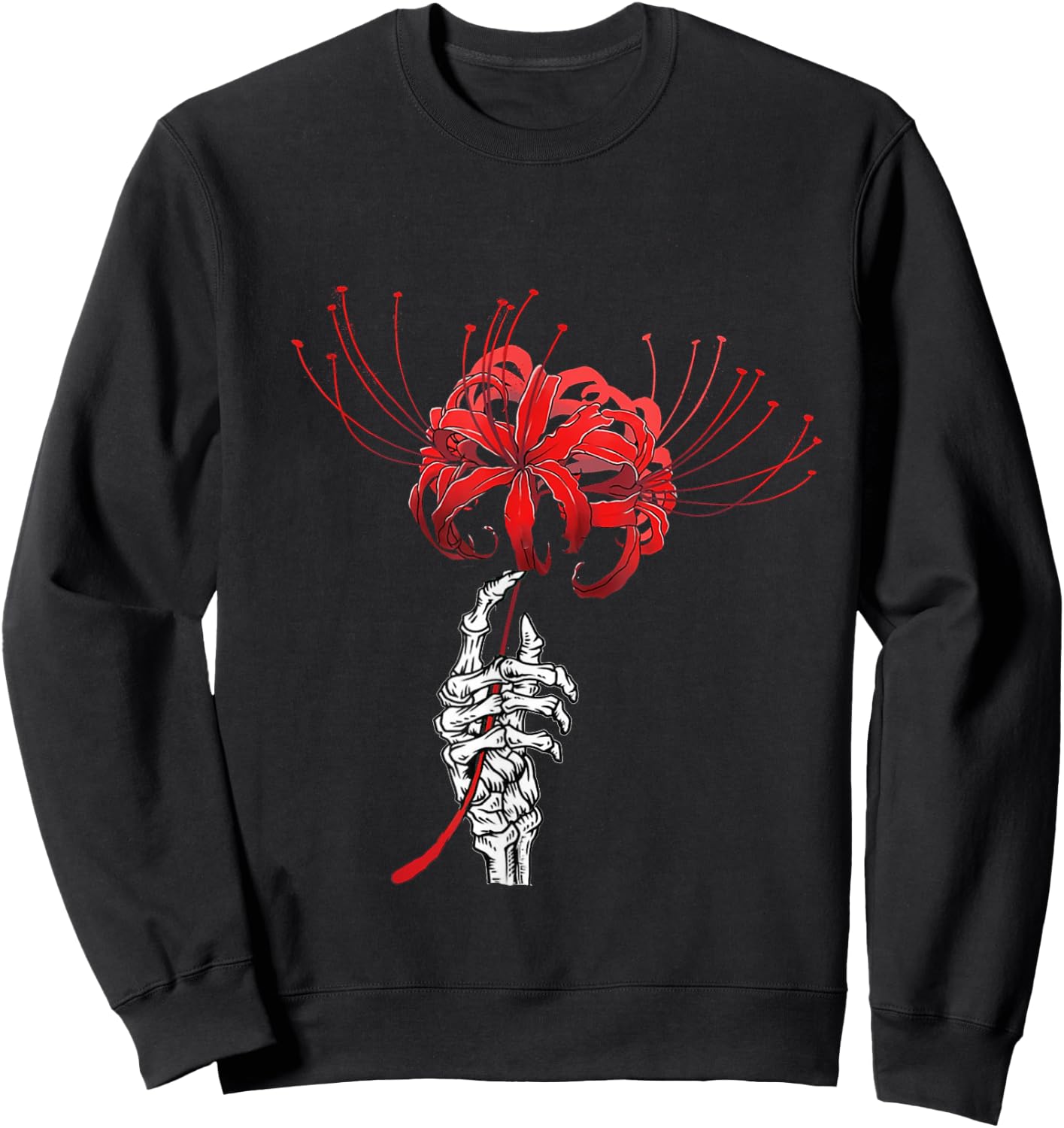 Skeleton Hand Holding Red Spider Lily Aesthetic Red Flower Sweatshirt - Sweatshirt | Black
