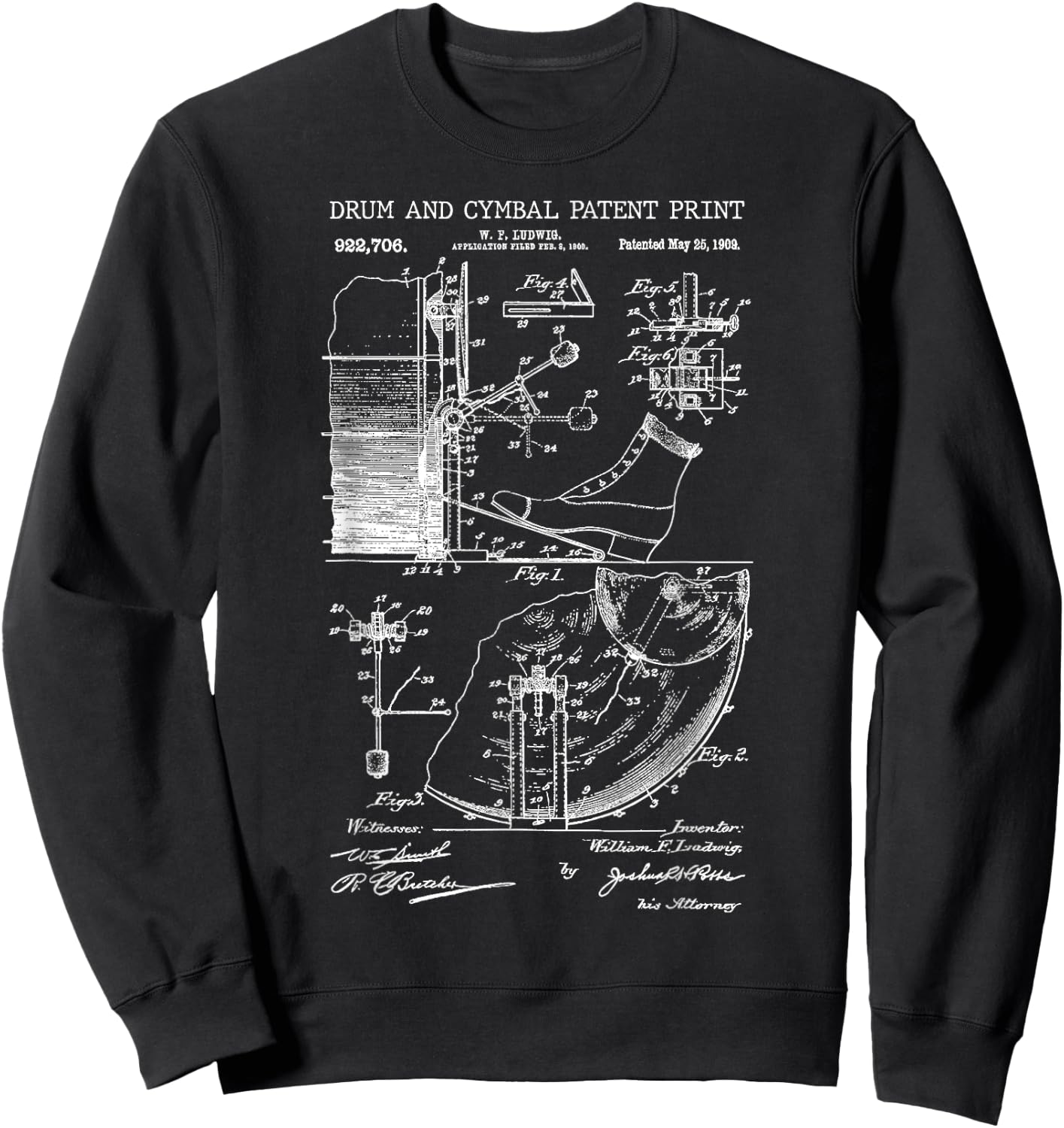 Drum And Cymbal Patent Print 1909 - Vintage Patent Music Art Sweatshirt - Sweatshirt | Black