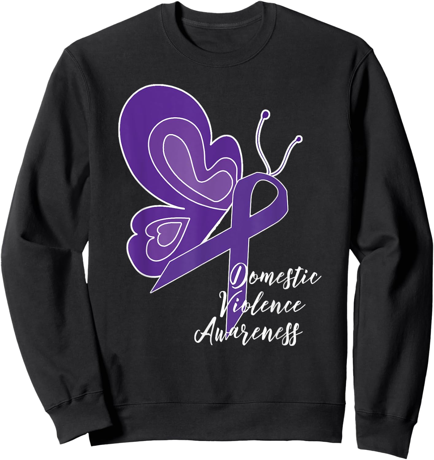 Domestic Violence Awareness Abuse Purple Ribbon Butterfly Sweatshirt - Sweatshirt | Black