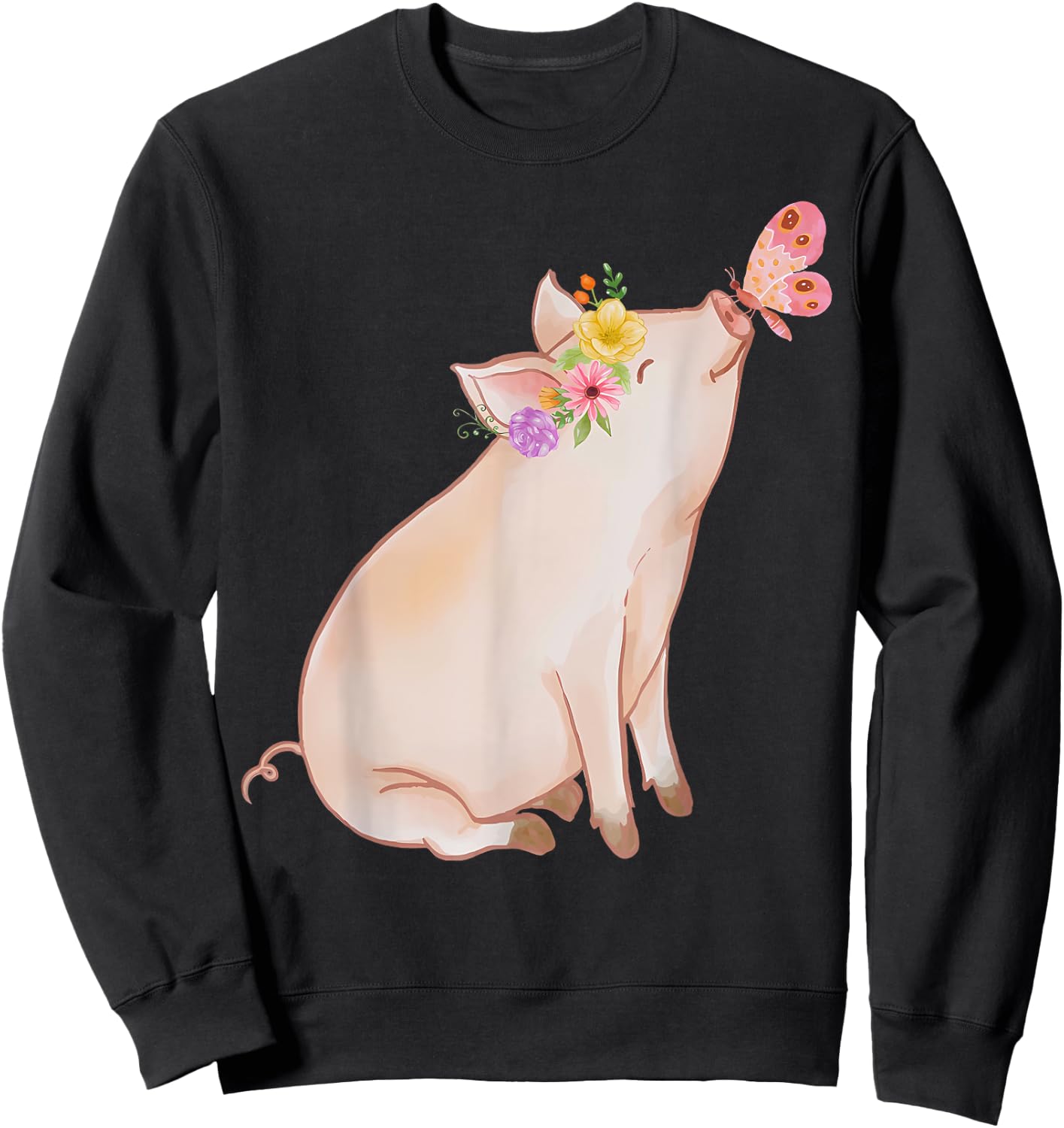 Watercolor Pink Pig With Floral And Butterfly Farm Design Sweatshirt - Sweatshirt | Black