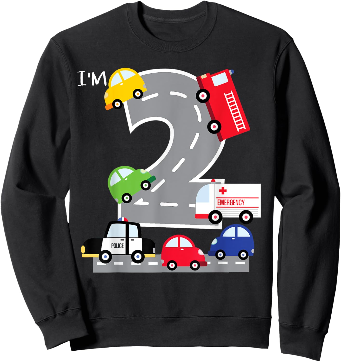 2nd Birthday 2 Year Old Transportation Cars Fire Truck Sweatshirt - Sweatshirt | Black