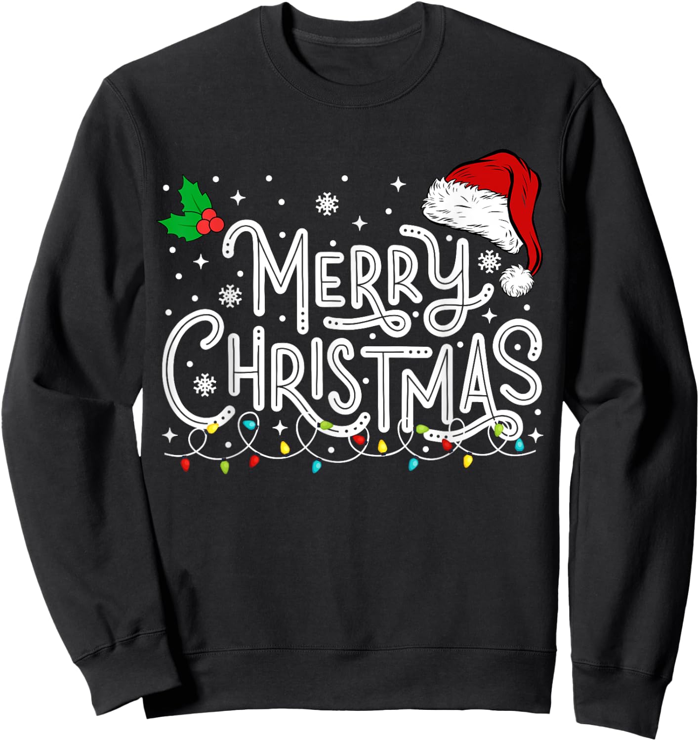 Merry Christmas Lights Red Santa Hat Xmas Family Men Women Sweatshirt - Sweatshirt | Black