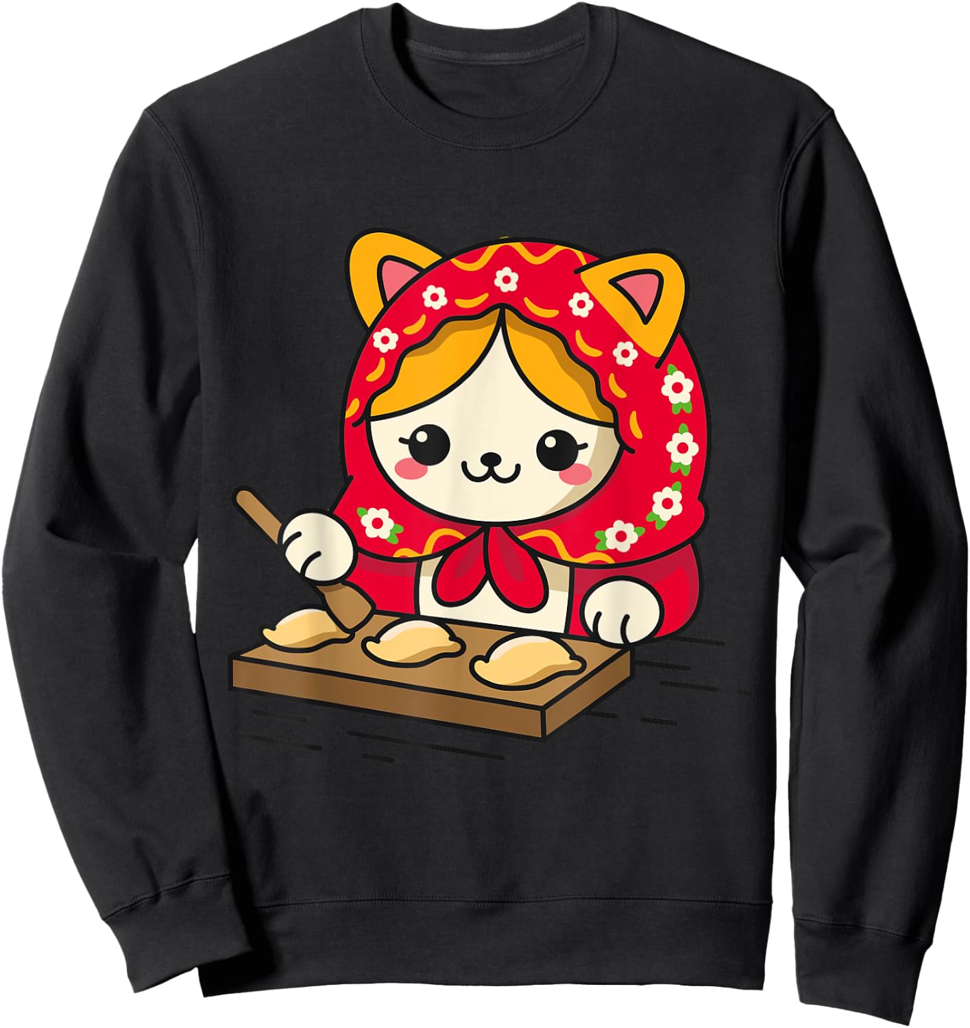 Cute Cat Wearing Head Scarf Making Pierogi Polish Men Women Kids Sweatshirt - Sweatshirt | Black