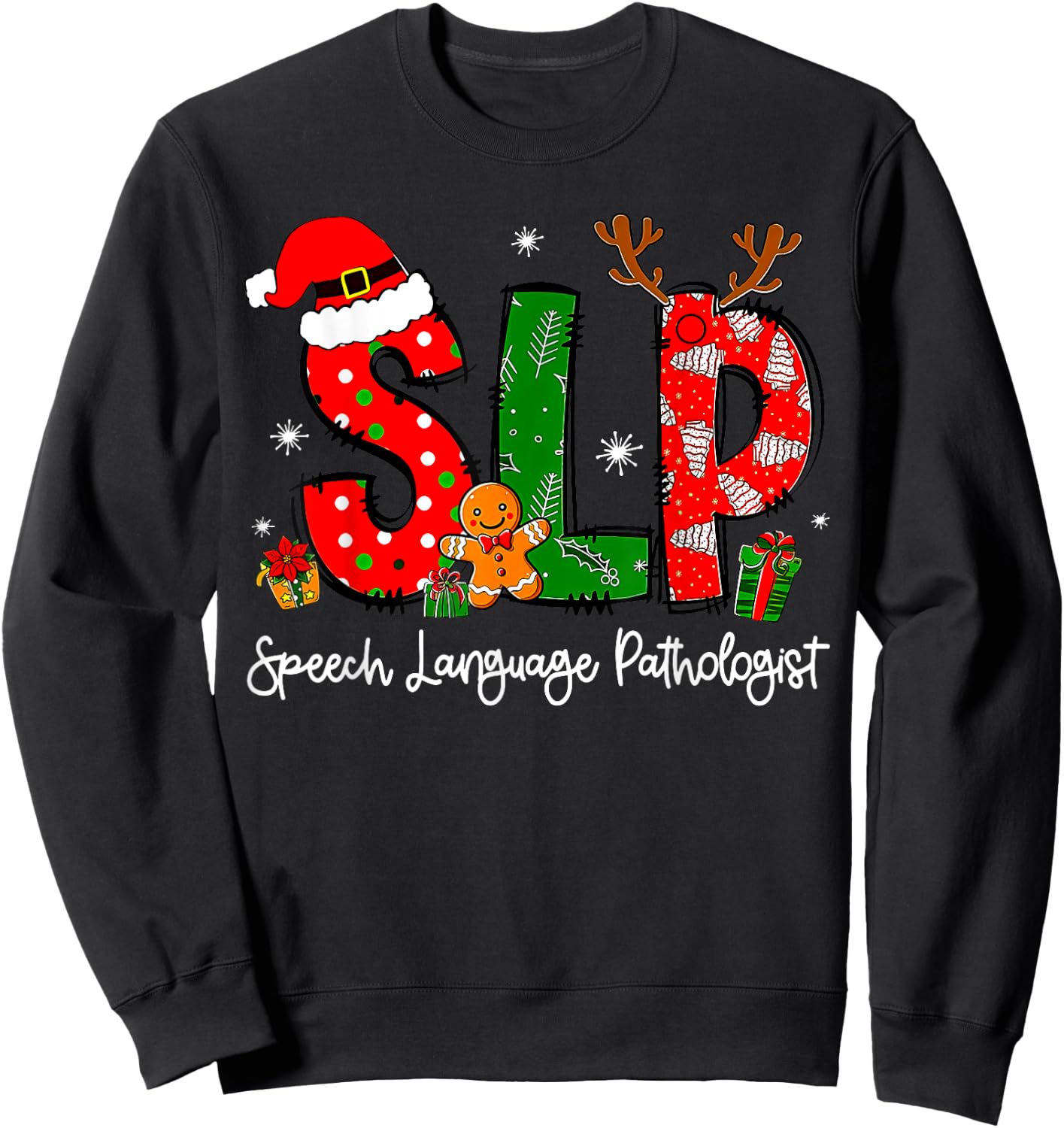 Speech Language Pathologist Reindeer Santa Hat SLP Christmas Sweatshirt - Sweatshirt | Black