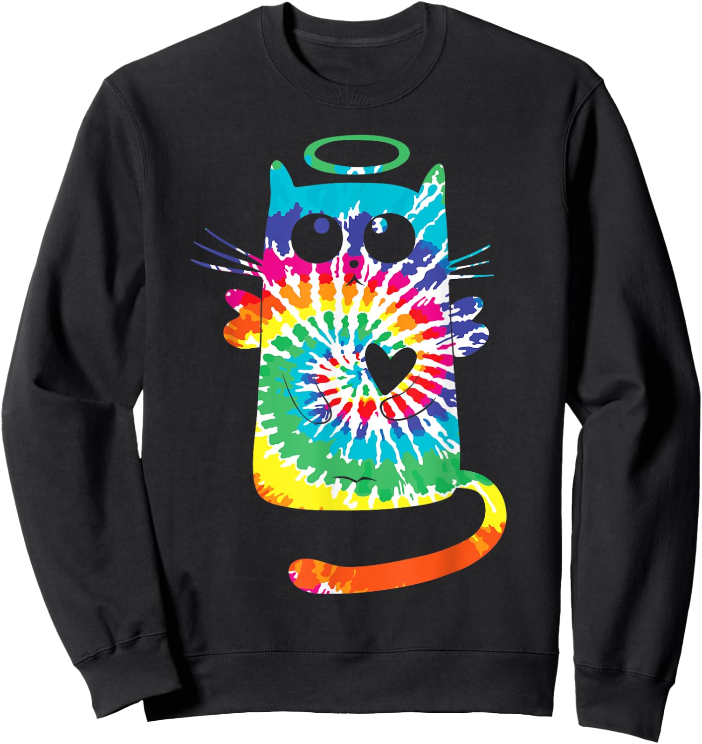 Fun Cat Hippie Rainbow Tie Dye Angel Cat with Heart and Halo Women Kids Sweatshirt - Sweatshirt | Black