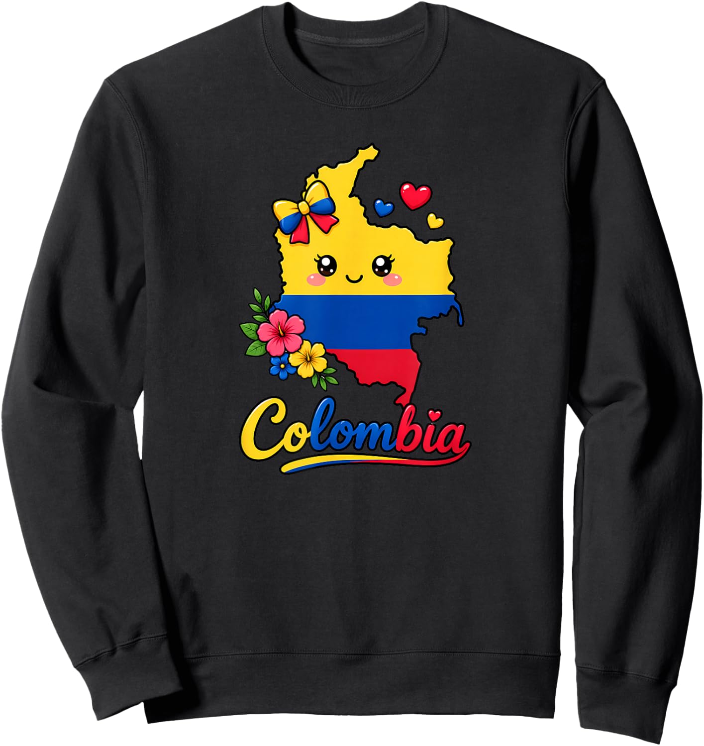 Colombia Flag Day Kawaii Map Hearts Bow Sweatshirt - Sweatshirt | Black