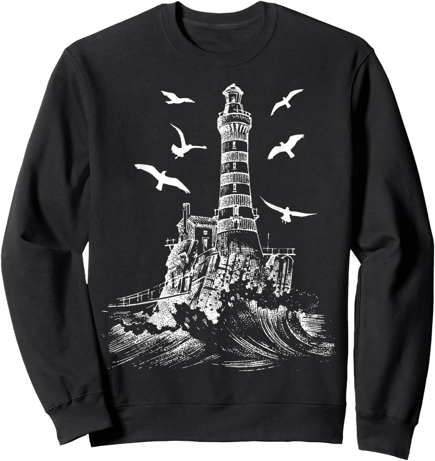Seagull Silhouette Illustrated Lighthouse Image Gift Sweatshirt - Sweatshirt | Black