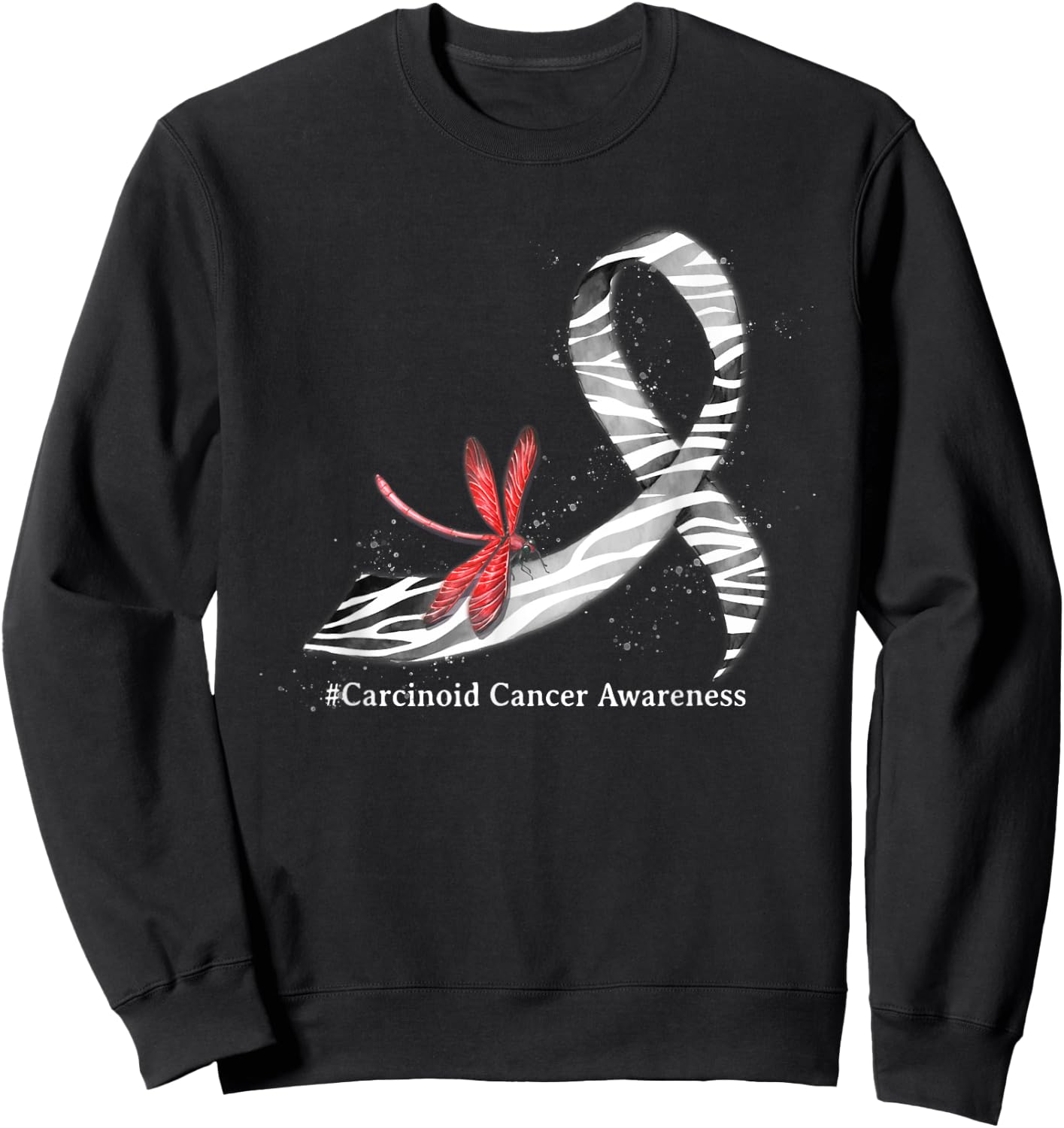 Hippie Dragonfly Zebra Ribbon Carcinoid Cancer Awareness Sweatshirt - Sweatshirt | Black