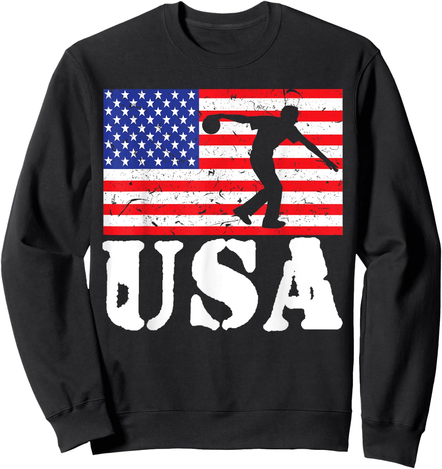 Distressed Bowling USA American Flag Vintage Bowler Player Women Girls Kids Men Sweatshirt - Sweatshirt | Black