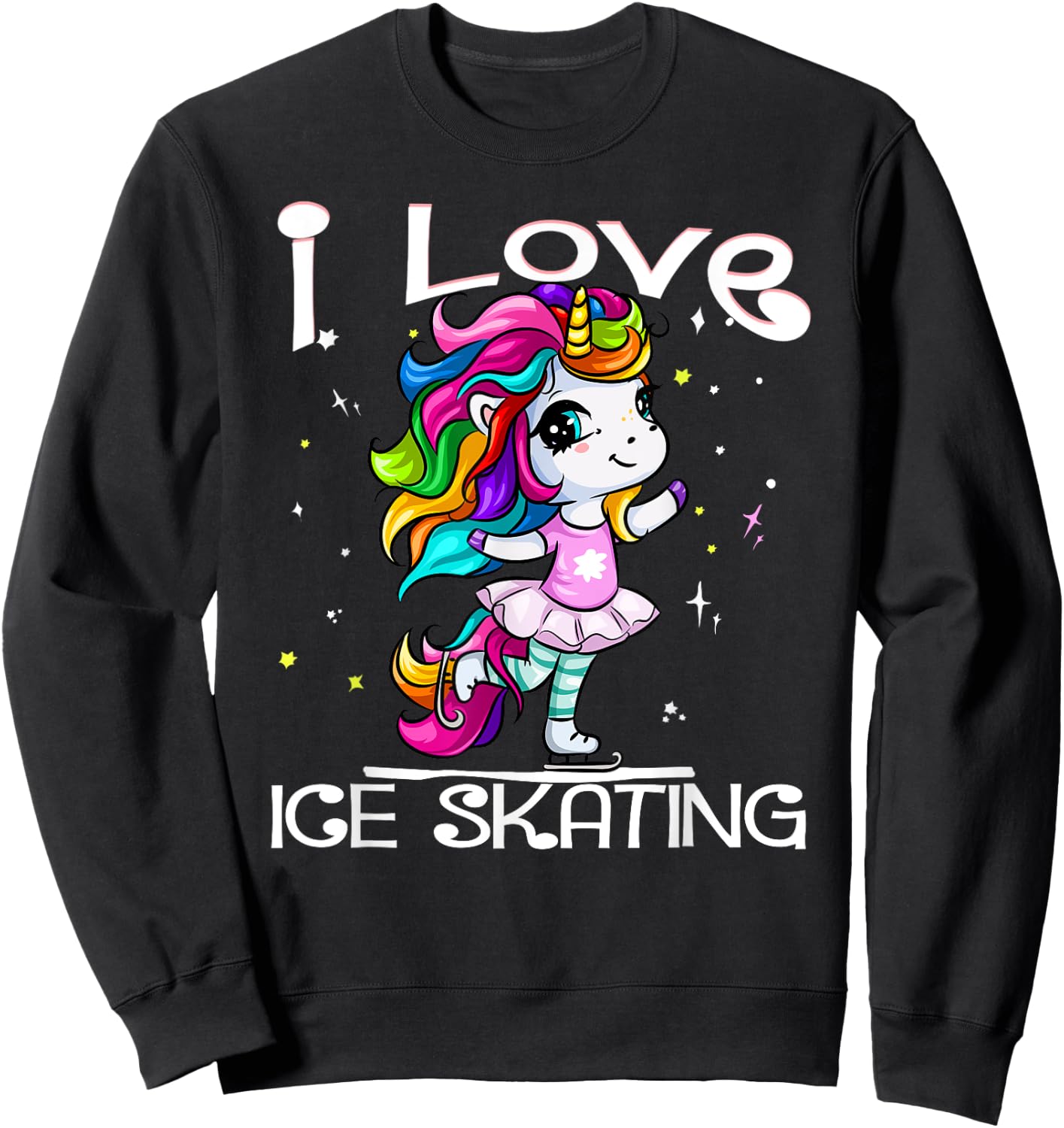 Ice Dancing Cute I Love Ice Skating Rainbow Unicorn Girl Sweatshirt - Sweatshirt | Black