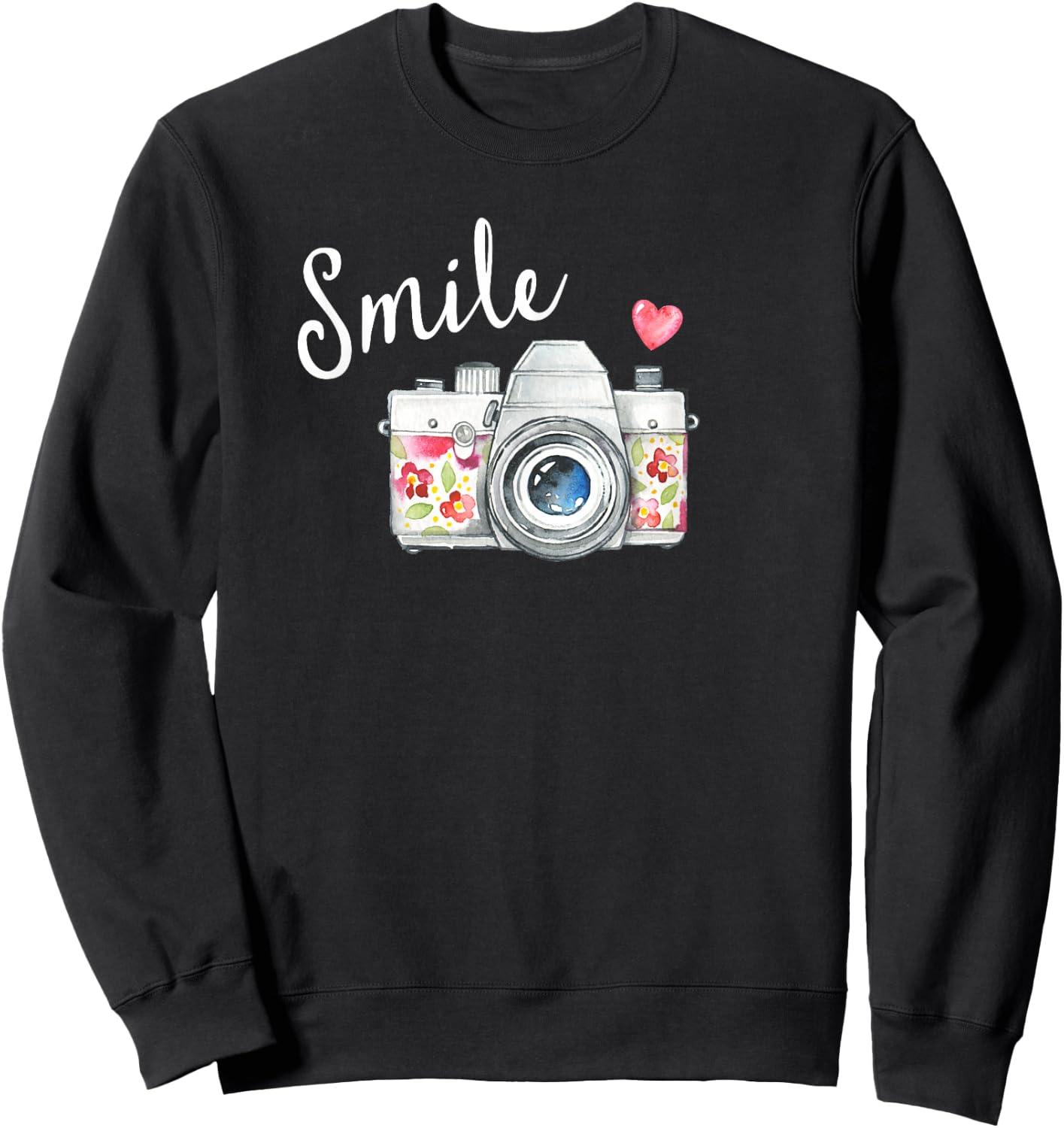 Vintage Camera T Shirt, Smile Quote Flower Design for Girls Sweatshirt - Sweatshirt | Black