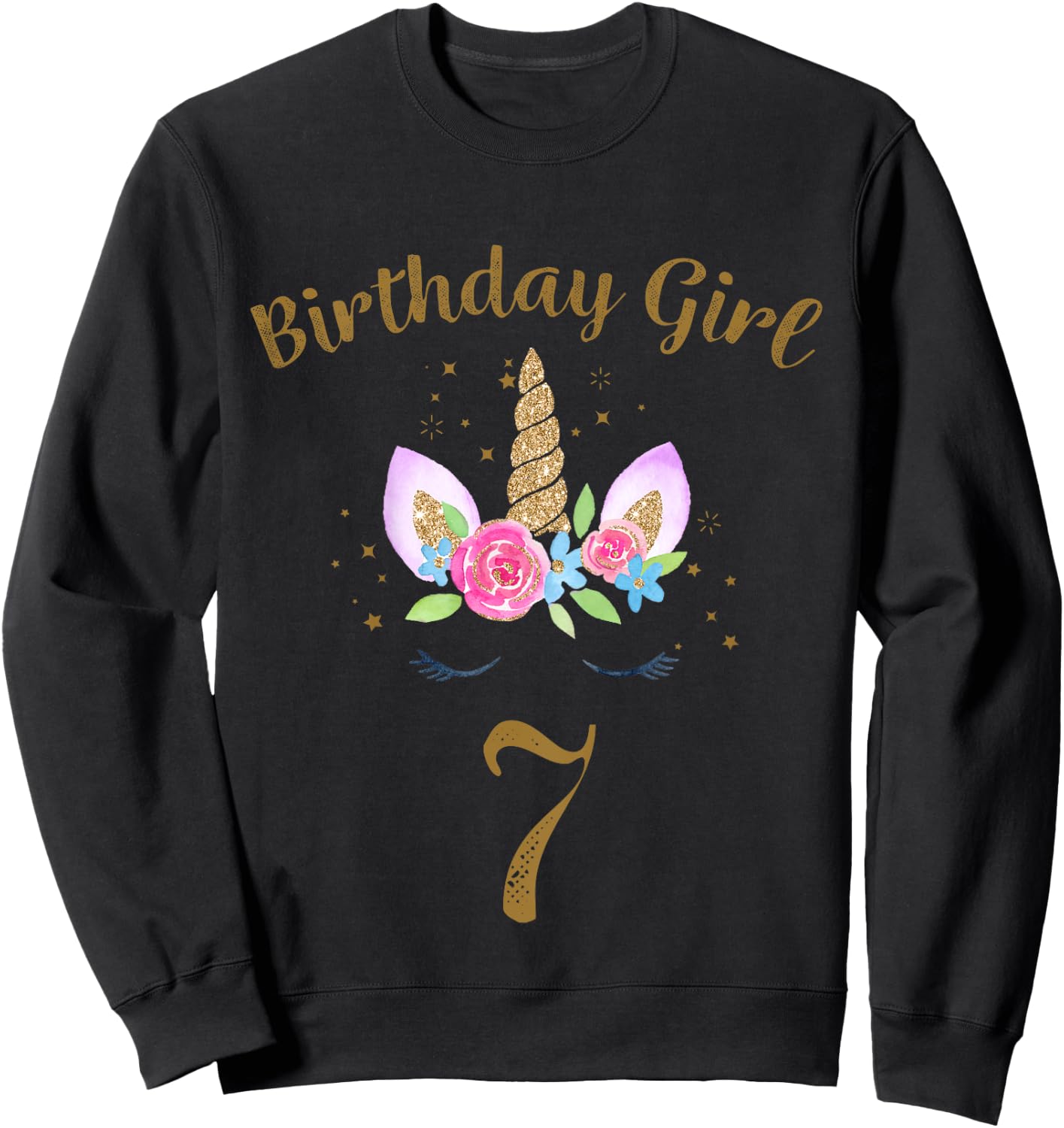 Kids 7th Birthday Girl Unicorn Shirt 7th Birthday Outfit Sweatshirt - Sweatshirt | Black