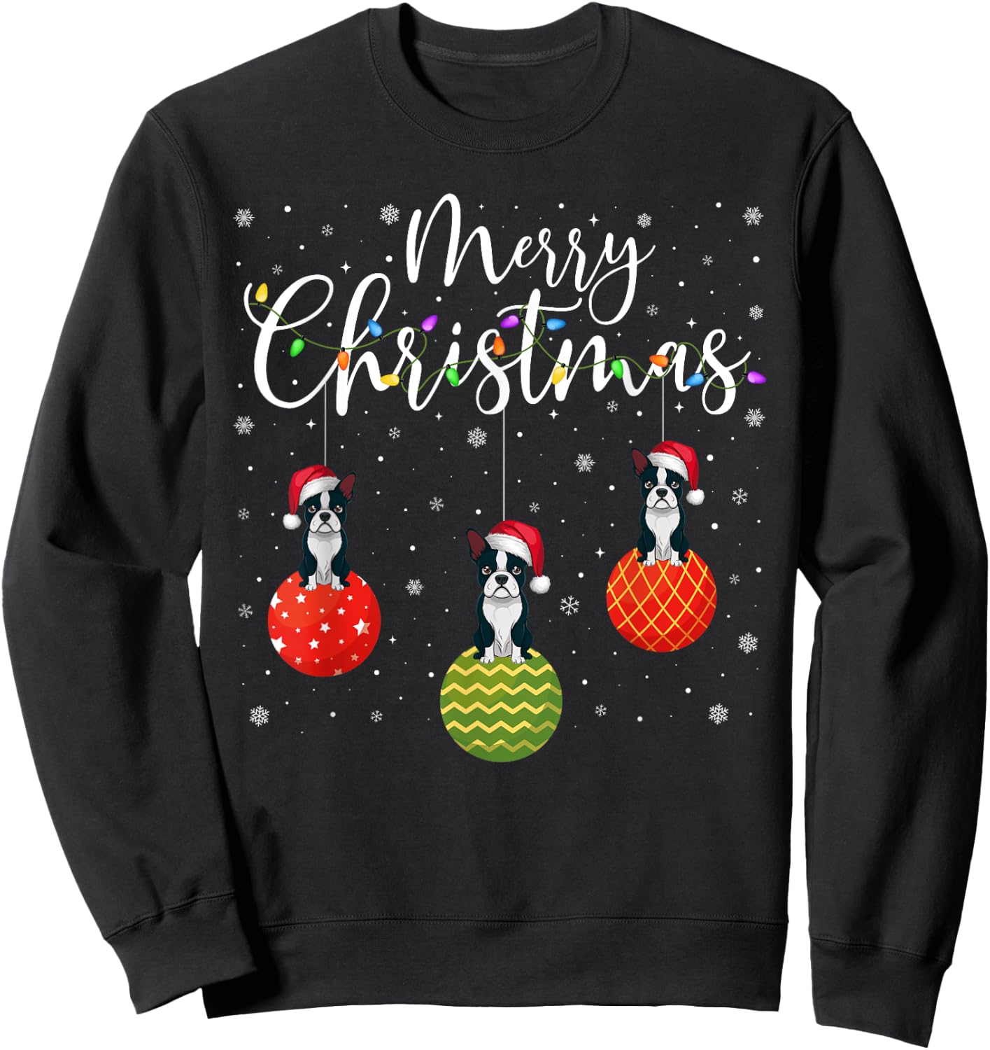 Merry Christmas Lights Santa Hat Boston Terrier Ugly Xmas Sweatshirt - Sweatshirt | Black