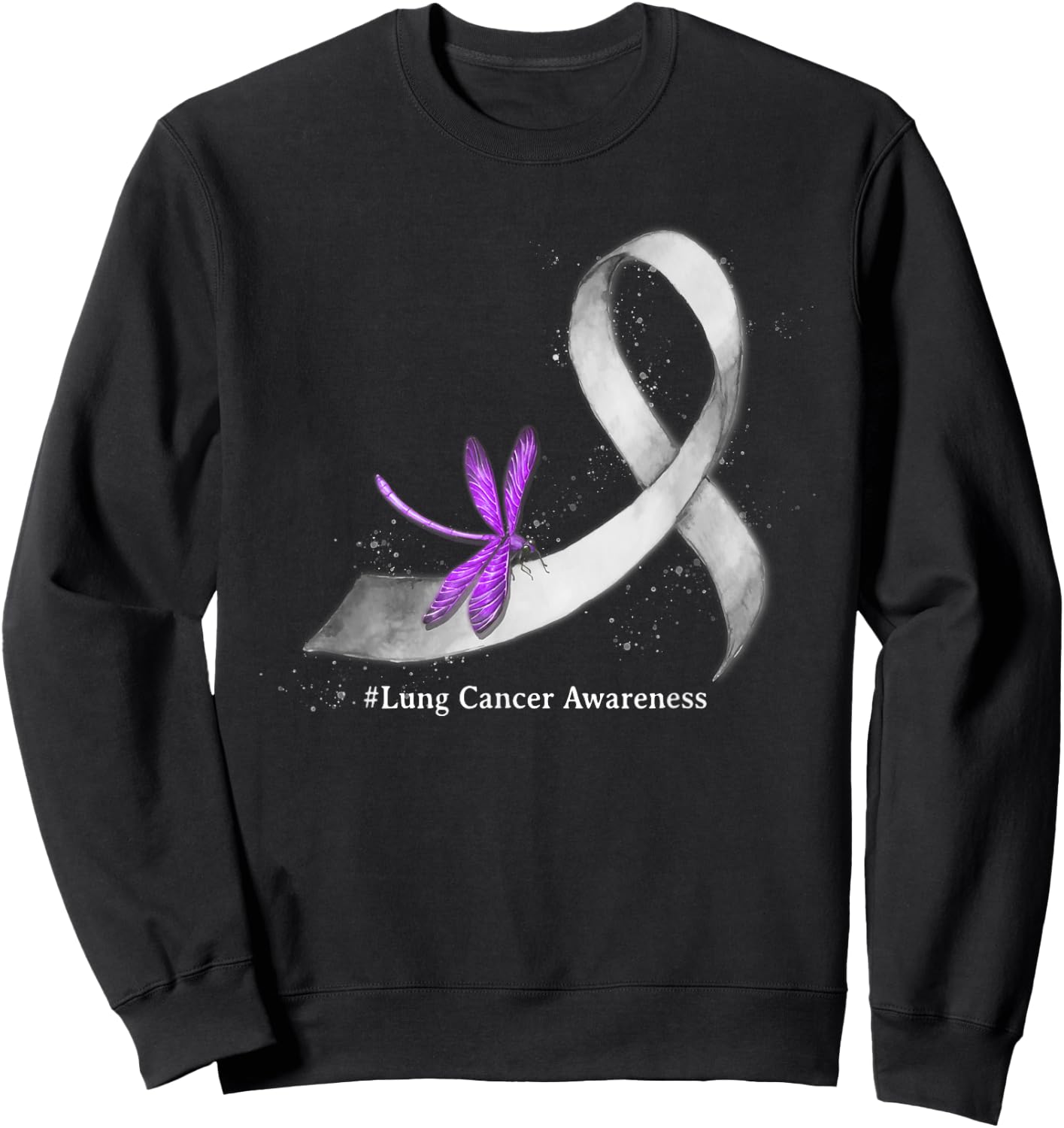 Hippie Dragonfly White Ribbon Lung Cancer Awareness Gifts Sweatshirt - Sweatshirt | Black