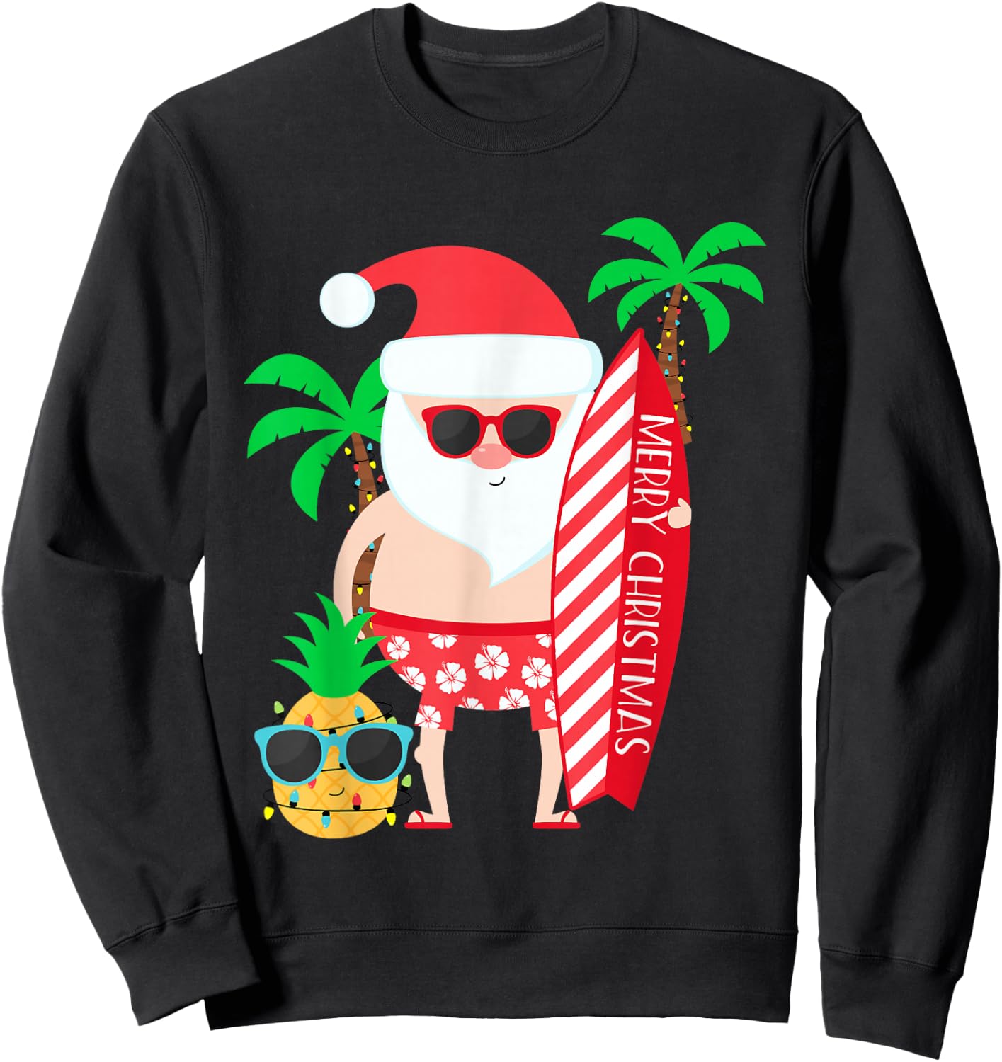 Santa Surfing Hawaiian Beach Christmas in July Tropical Sweatshirt - Sweatshirt | Black