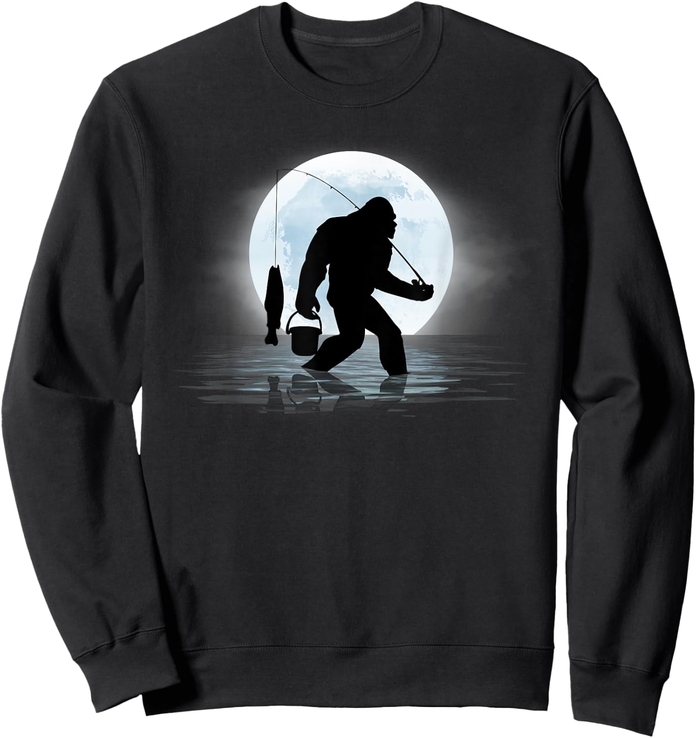 Bigfoot Fishing Funny Sasquatch and Fish Night Fishing Sweatshirt - Sweatshirt | Black