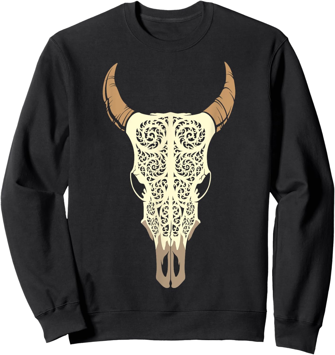 Steer Head Skull Shirt Cow Bull Horn Western Tribal Boho Sweatshirt - Sweatshirt | Black