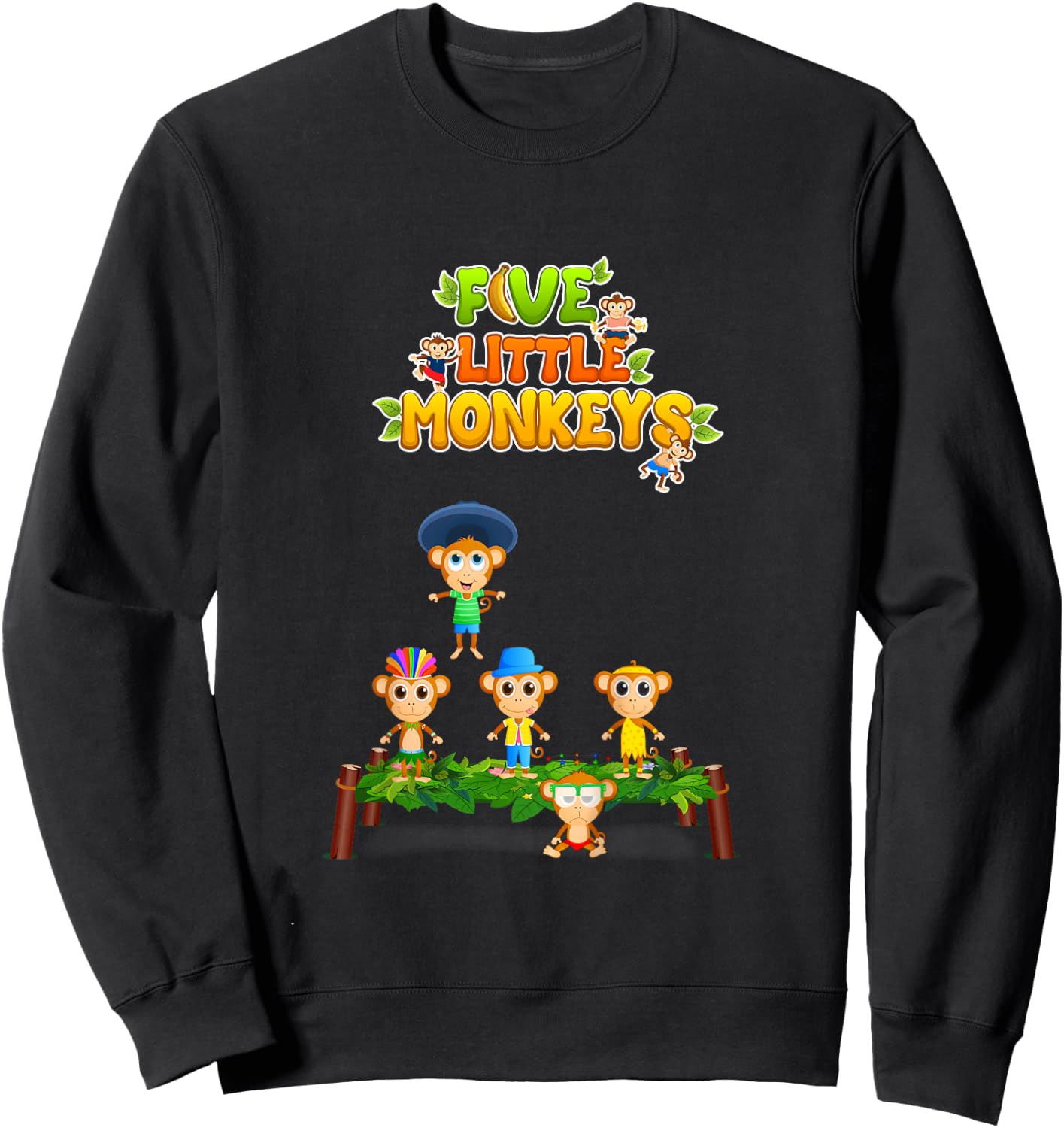 Kids Nursery Rhymes Shirt Five Little Monkeys Jumping On The Bed Sweatshirt - Sweatshirt | Black
