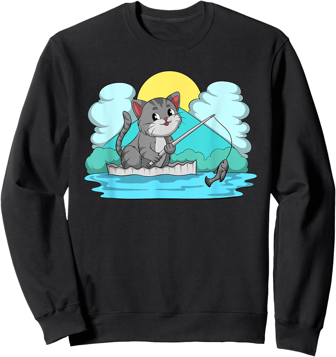Funny Kitten Cute Kawaii Neko Cat Fishing Men Women Kids Sweatshirt - Sweatshirt | Black