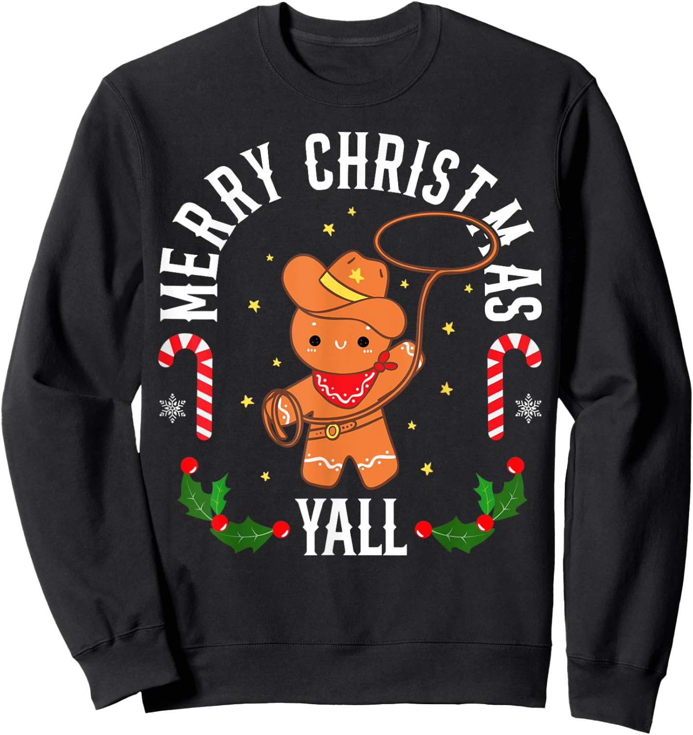 Merry Christmas Yall Gingerbread Cowboy Man Howdy Retro Xmas Sweatshirt - Sweatshirt | Black