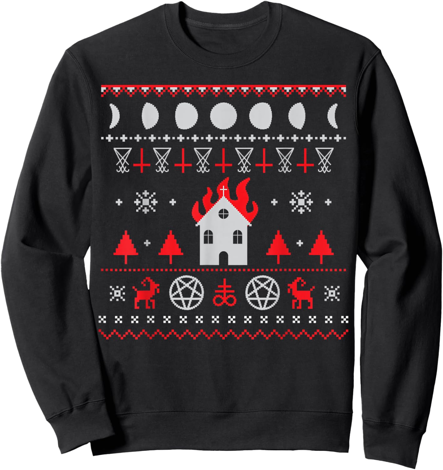 The Eldest Cult | Ugly Anti Christmas Sweater Gift - Burning Church Satanic Lucifer Pentagram Upside Down Cross Sweatshirt - Sweatshirt | Black